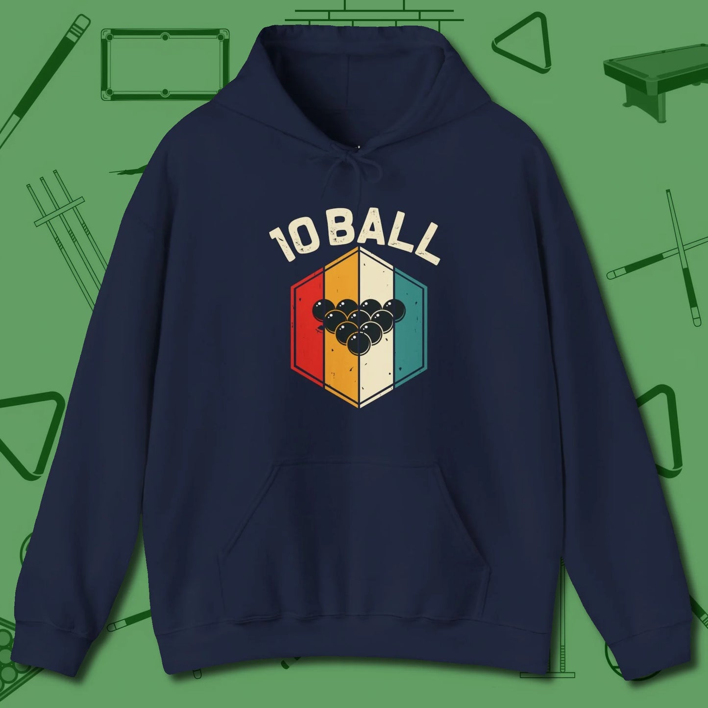 Retro Vibes Ten Ball Hoodie, front view, in Navy an extension of your pool persona