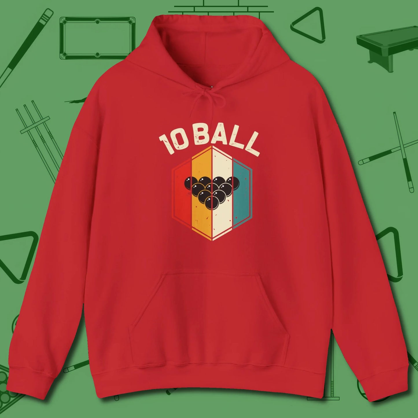 Retro Vibes Ten Ball Hoodie, front view, in Red cool under pressure, hot on the eyes