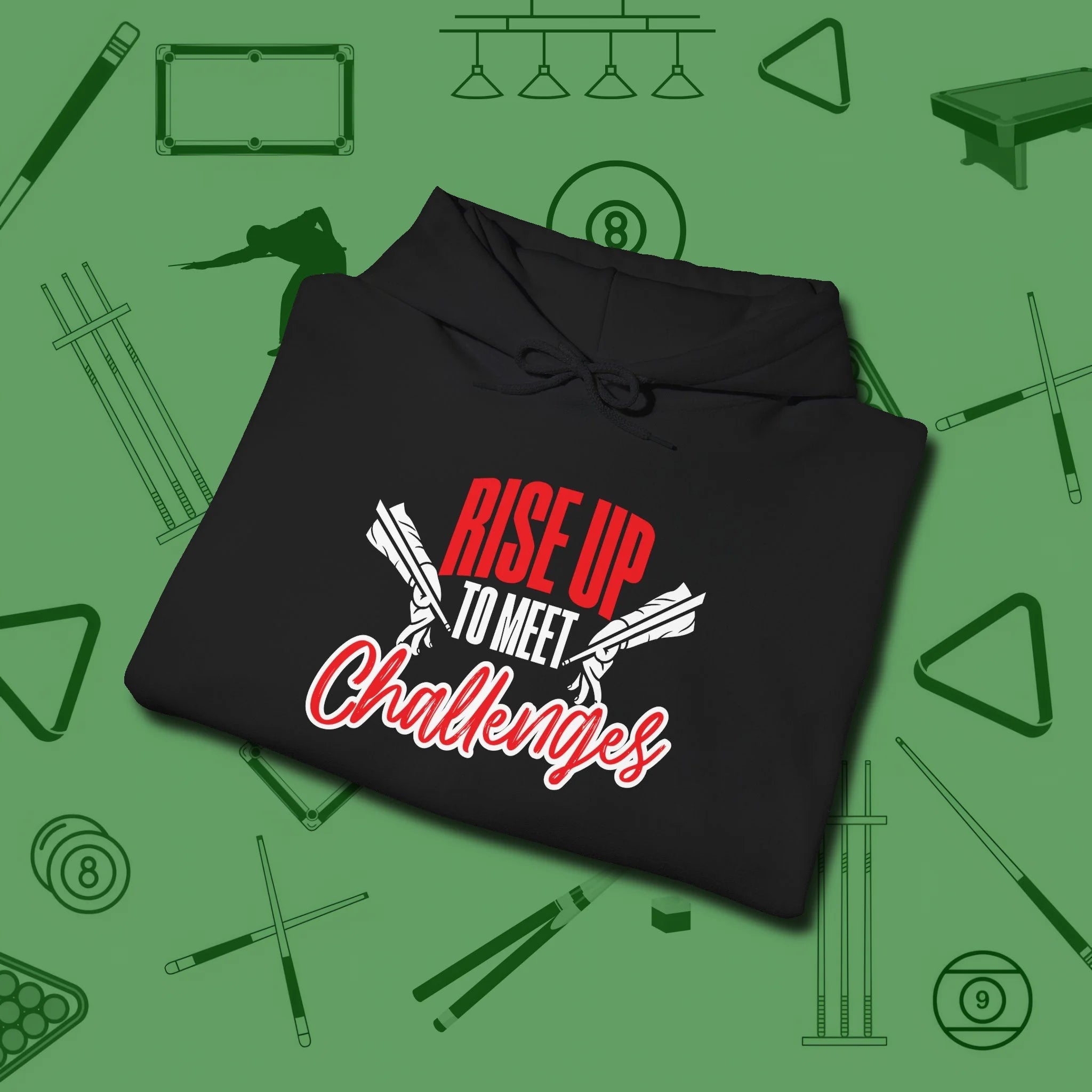 Rise Up to Meet Challenges Hoodie, folded view, in Black for hustlers who keep it honest