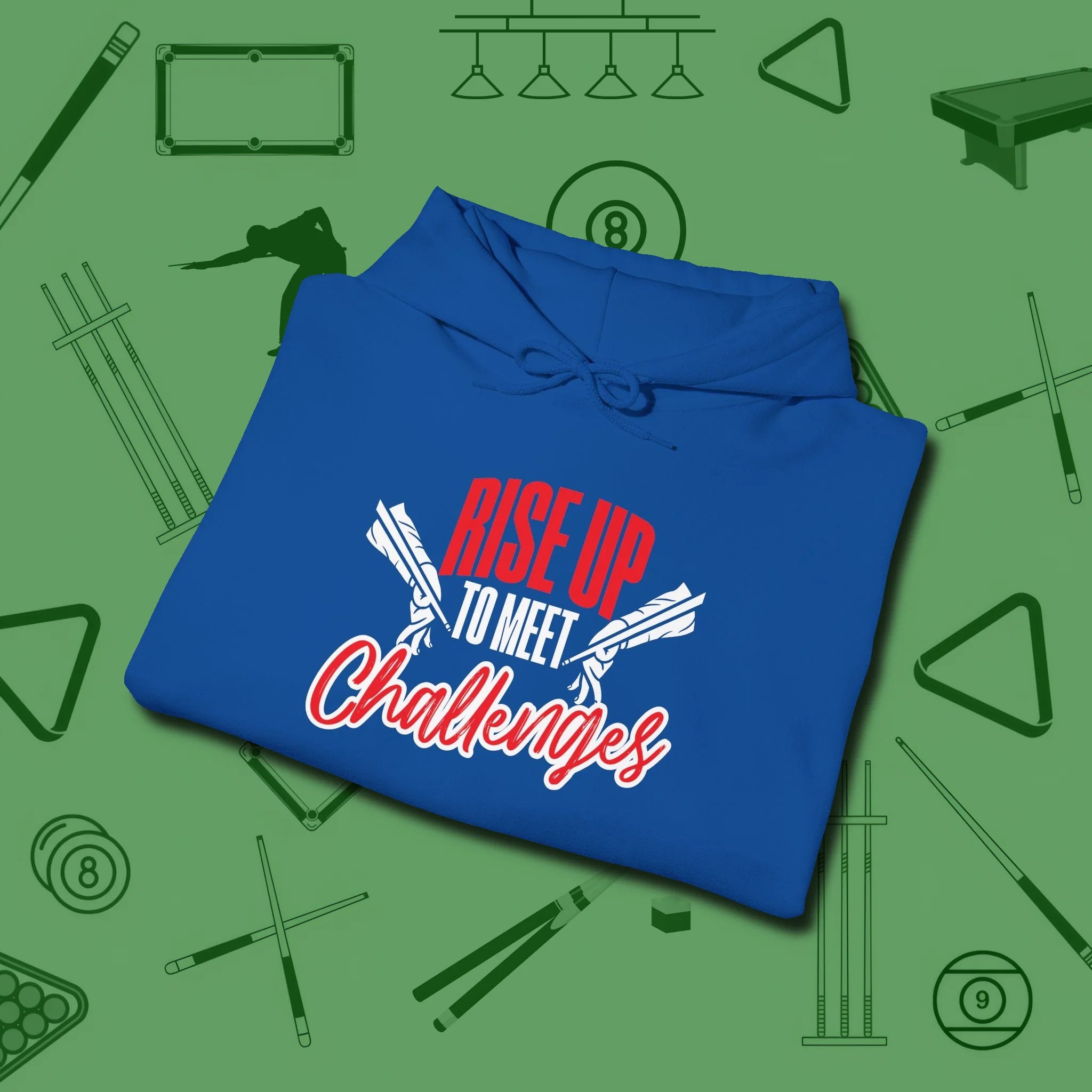 Rise Up to Meet Challenges Hoodie, folded view, in Royal because you don’t just play — you represent