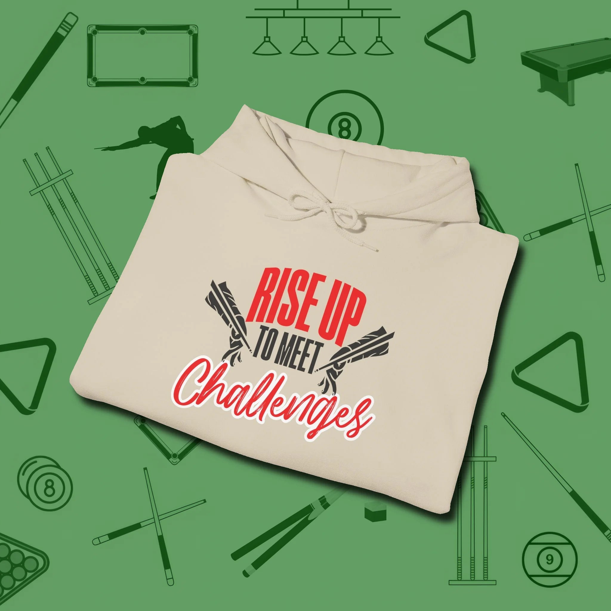Rise Up to Meet Challenges Hoodie, folded view, in Sand not your average 8-ball graphic tee