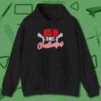 Rise Up to Meet Challenges Hoodie, front view, in Black look good while calling your pocket