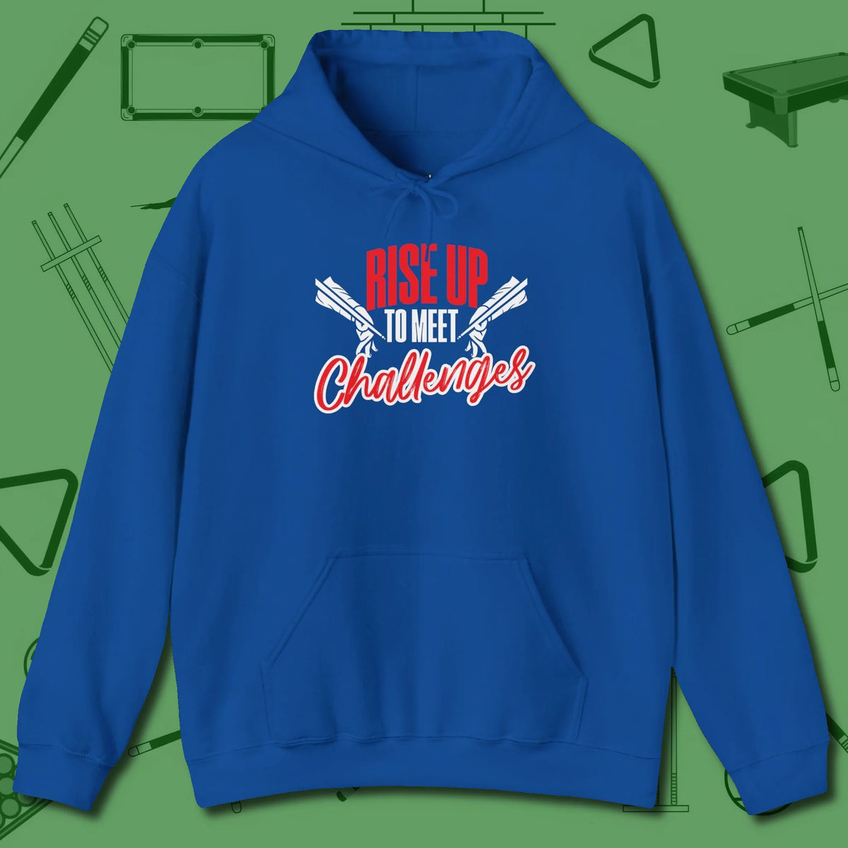 Rise Up to Meet Challenges Hoodie, front view, in Royal where style and cue discipline collide