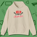 Rise Up to Meet Challenges Hoodie, front view, in Sand poolroom style with tournament attitude