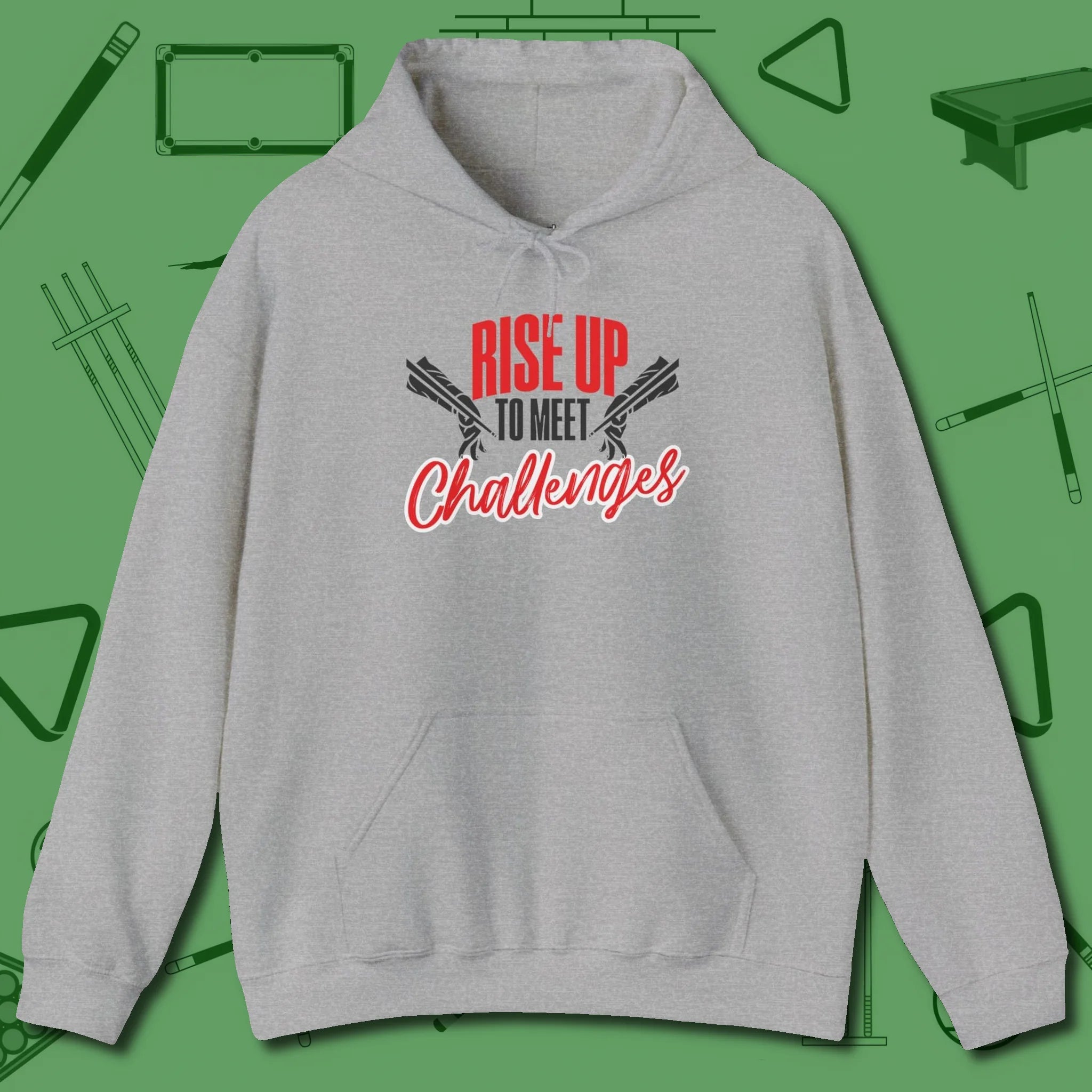Rise Up to Meet Challenges Hoodie, front view, in Sport Grey styled to dominate from rack to run-out