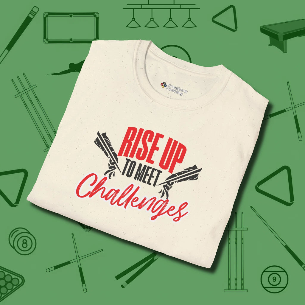 Rise Up to Meet Challenges T-Shirt, folded view, in Natural like your stroke — smooth and deliberate