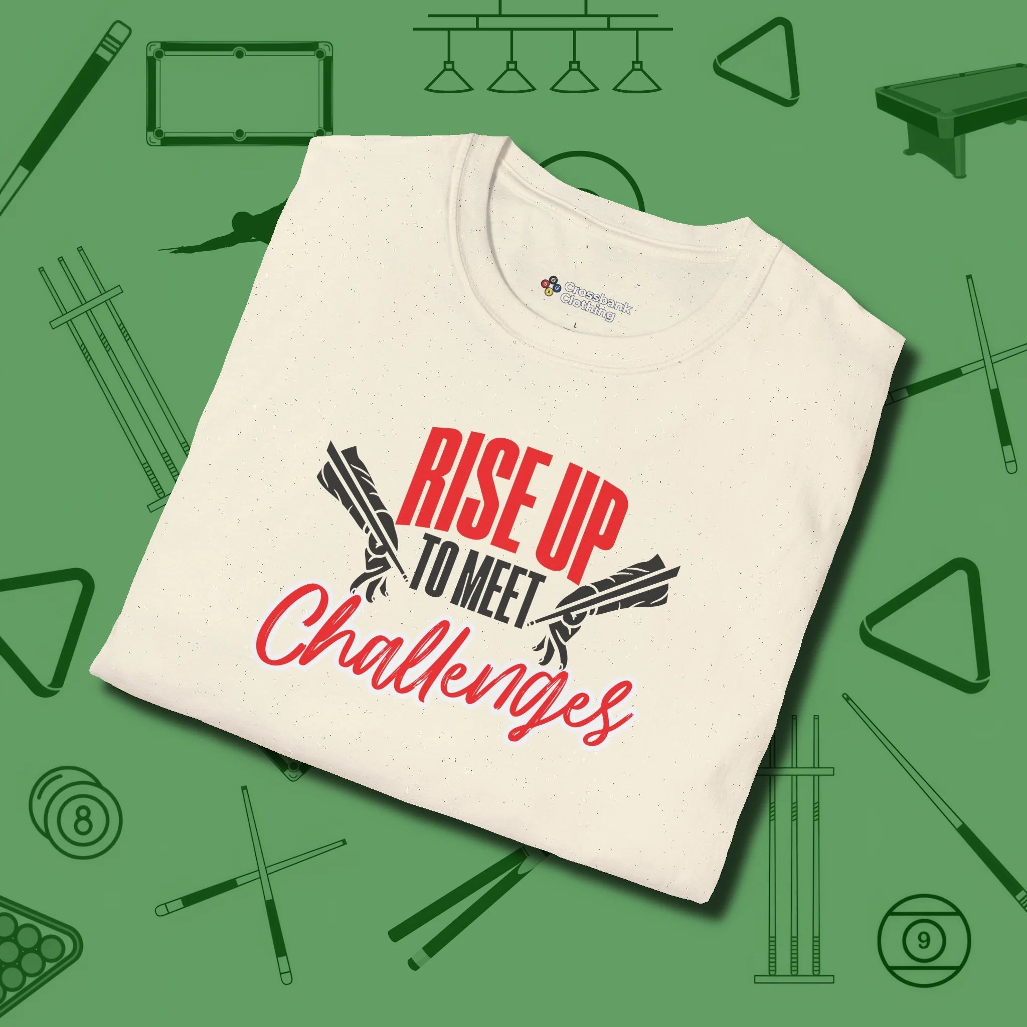 Rise Up to Meet Challenges T-Shirt, folded view, in Natural like your stroke — smooth and deliberate