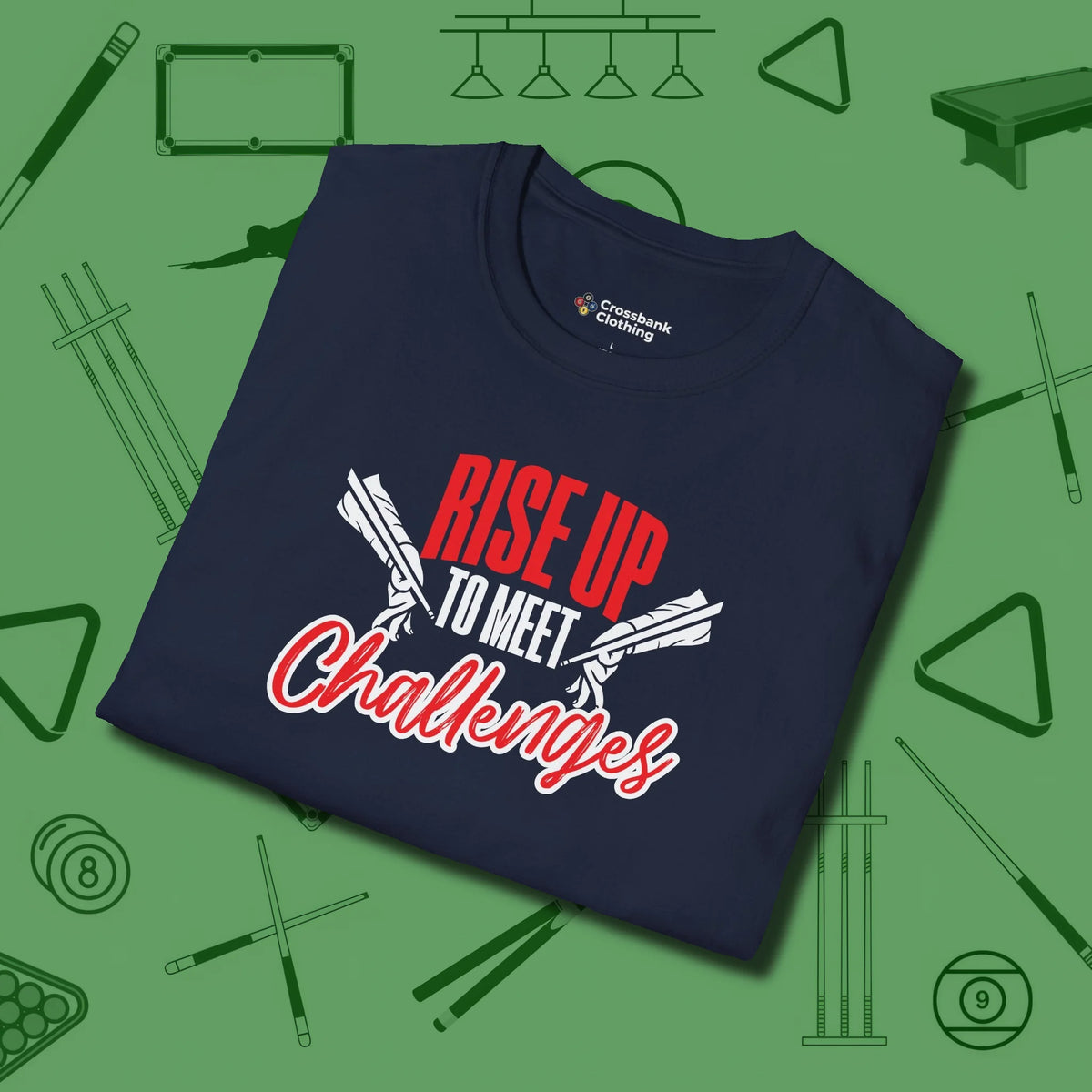 Rise Up to Meet Challenges T-Shirt, folded view, in Navy because the table is your battlefield