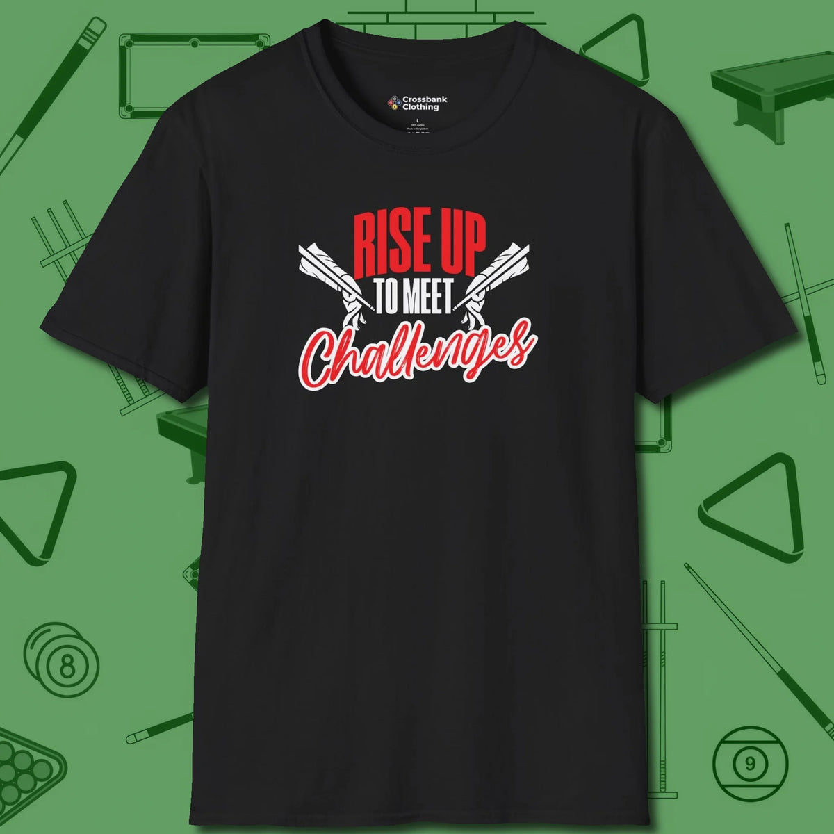 Rise Up to Meet Challenges T-Shirt, front view, in Black from chalk to clutch, look the part