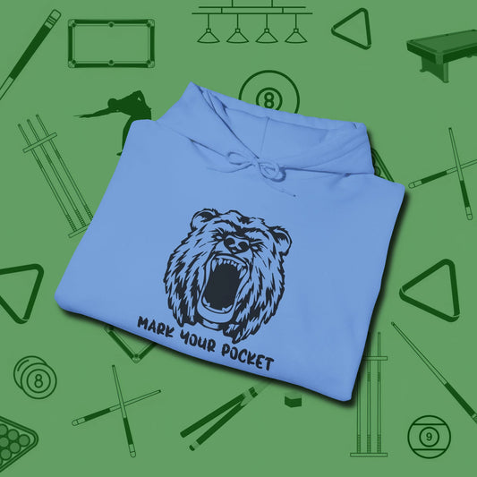 Roaring Grizzly Mark Your Pocket Hoodie, folded view, in Carolina Blue tough like your favorite break cue