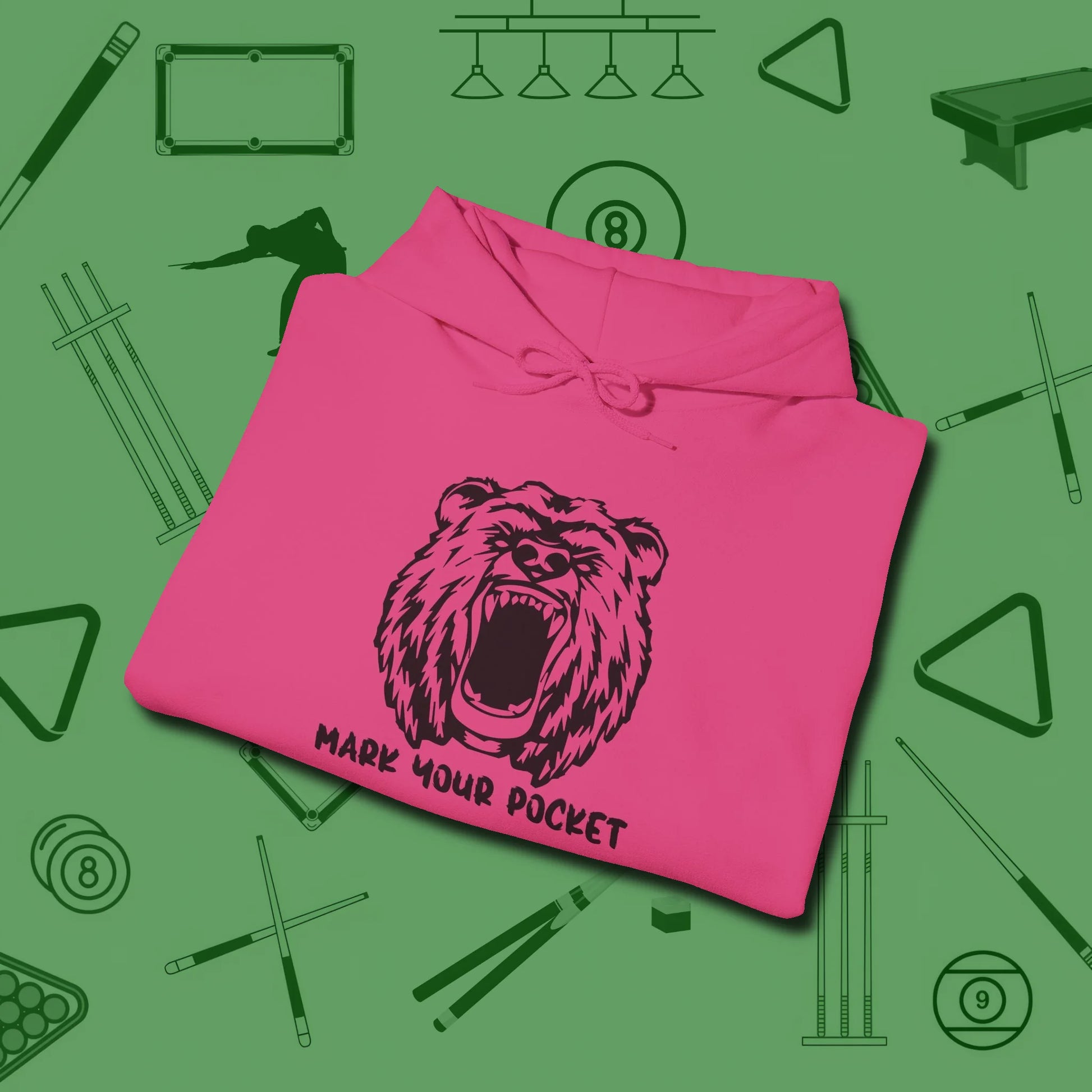 Roaring Grizzly Mark Your Pocket Hoodie, folded view, in Heliconia break, run out, turn heads — repeat