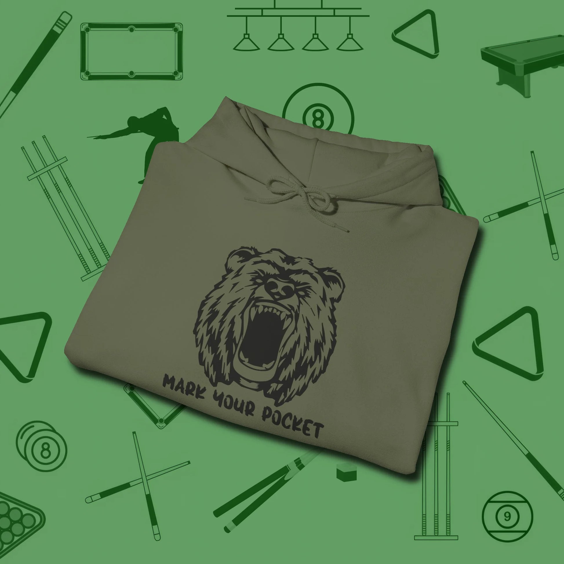 Roaring Grizzly Mark Your Pocket Hoodie, folded view, in Military Green for players who live the game