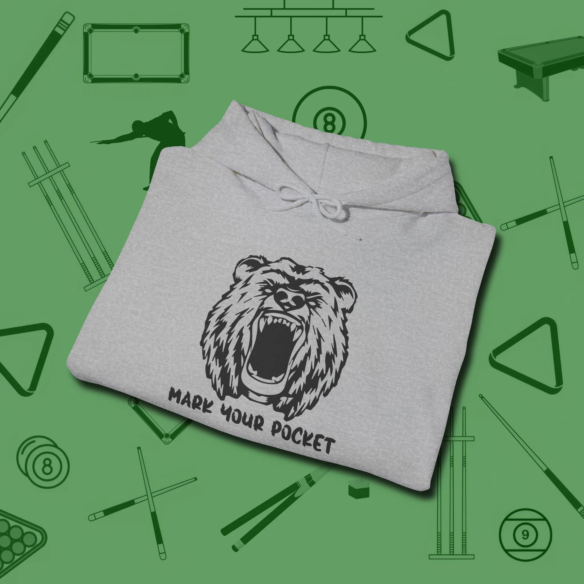 Roaring Grizzly Mark Your Pocket Hoodie, folded view, in Sport Grey smart enough for the felt and the street