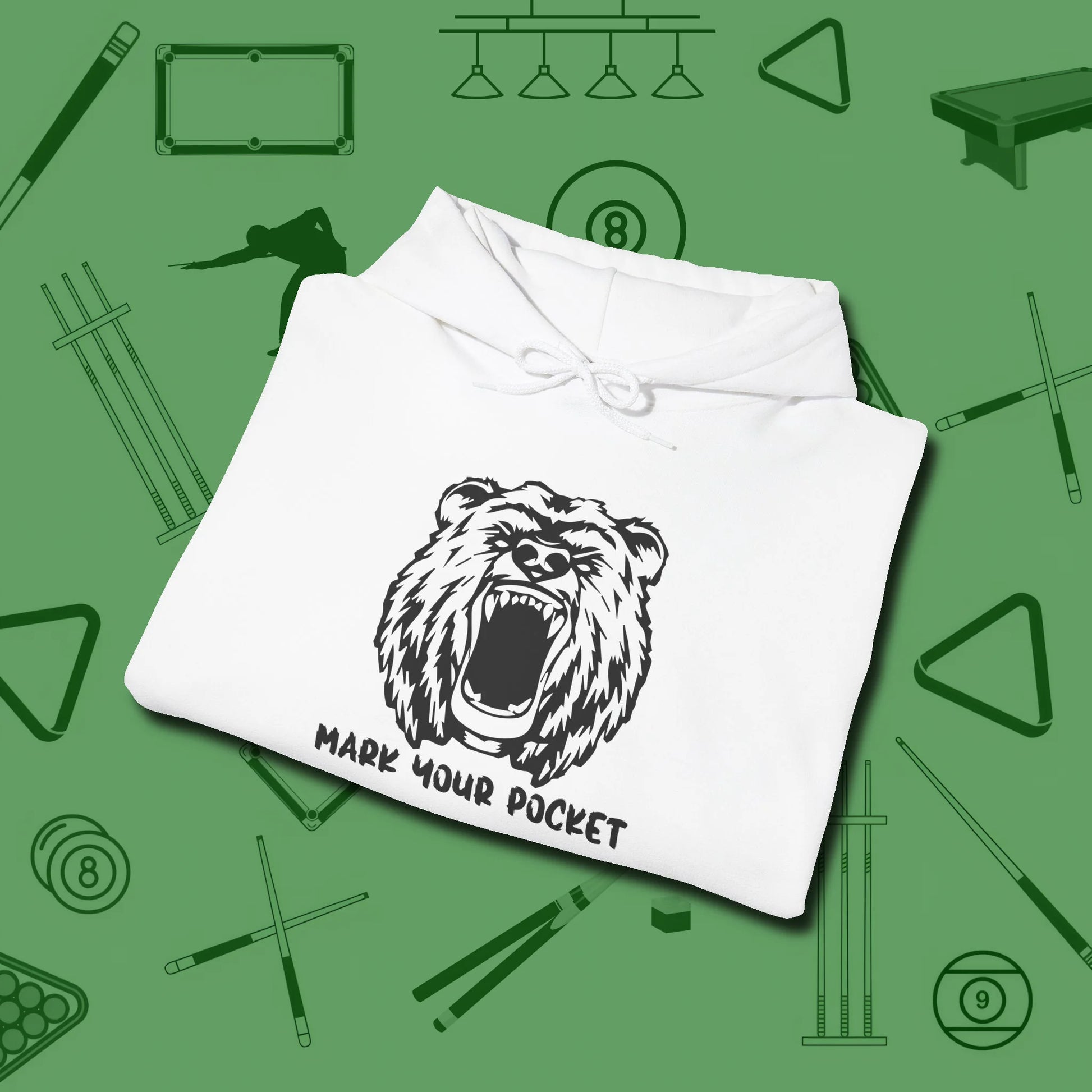 Roaring Grizzly Mark Your Pocket Hoodie, folded view, in White made for pool sharks, not posers