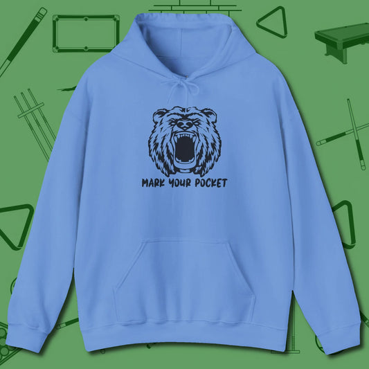 Roaring Grizzly Mark Your Pocket Hoodie, front view, in Carolina Blue your go-to shirt for league night victories