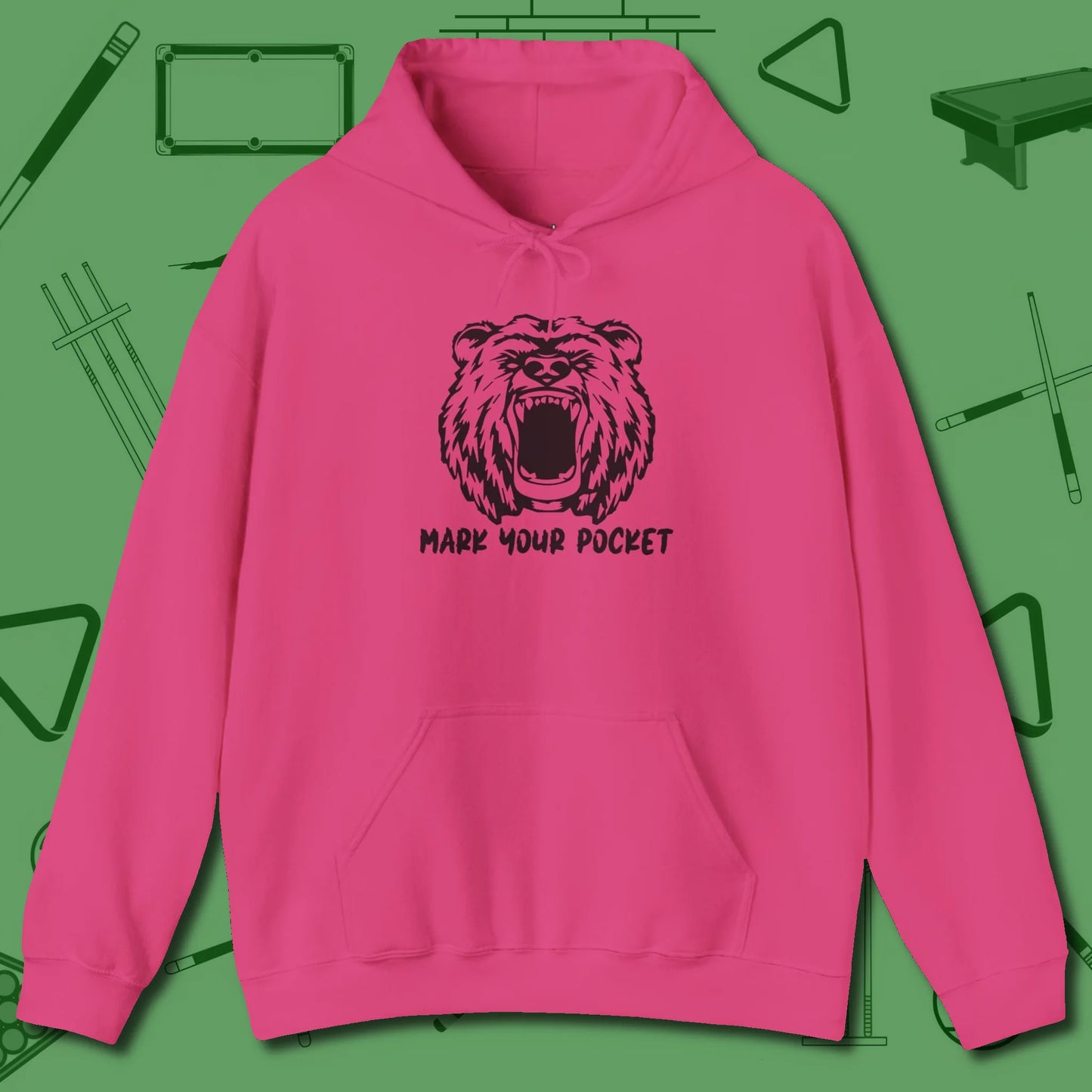 Roaring Grizzly Mark Your Pocket Hoodie, front view, in Heliconia your go-to shirt for league night victories