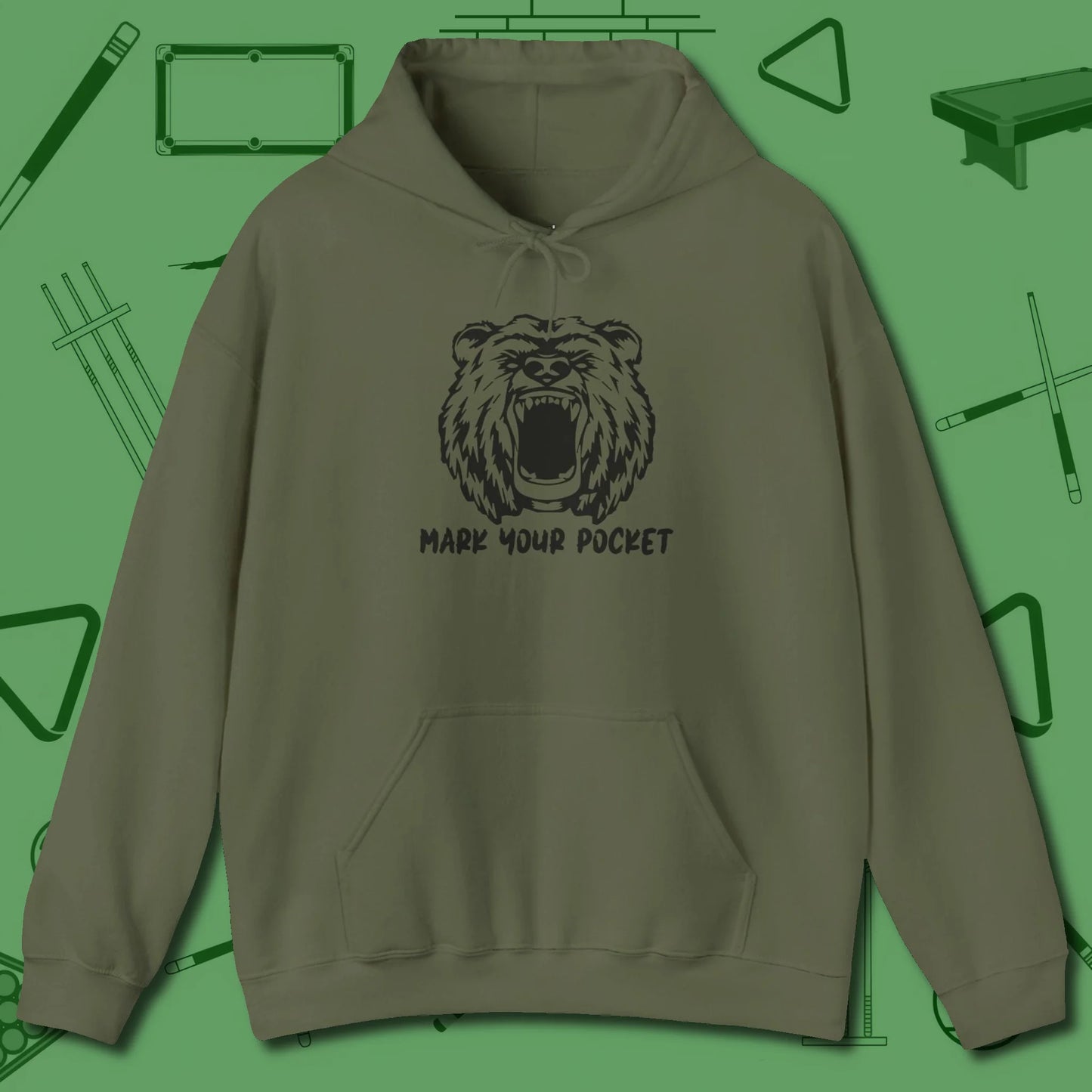 Roaring Grizzly Mark Your Pocket Hoodie, front view, in Military Green stitched for cue discipline and cool confidence