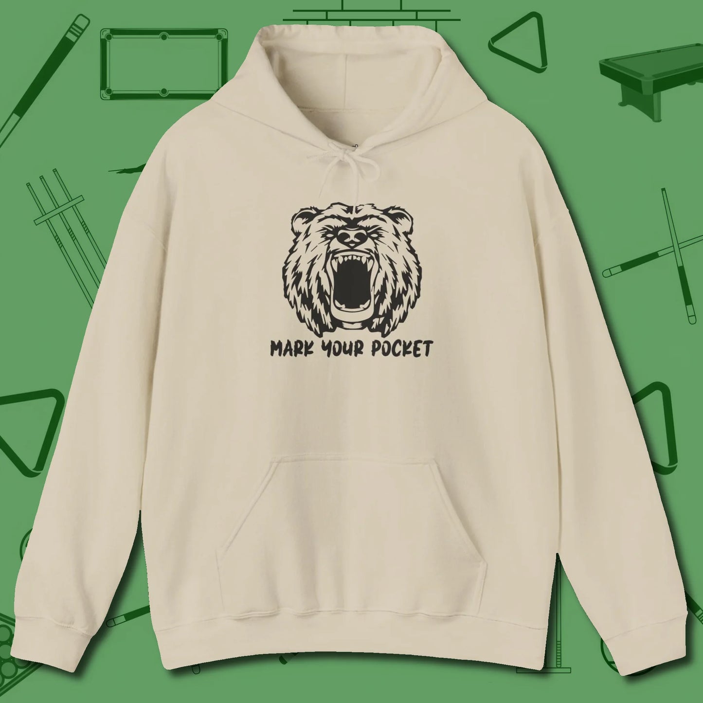 Roaring Grizzly Mark Your Pocket Hoodie, front view, in Sand classic cue style, no gimmicks