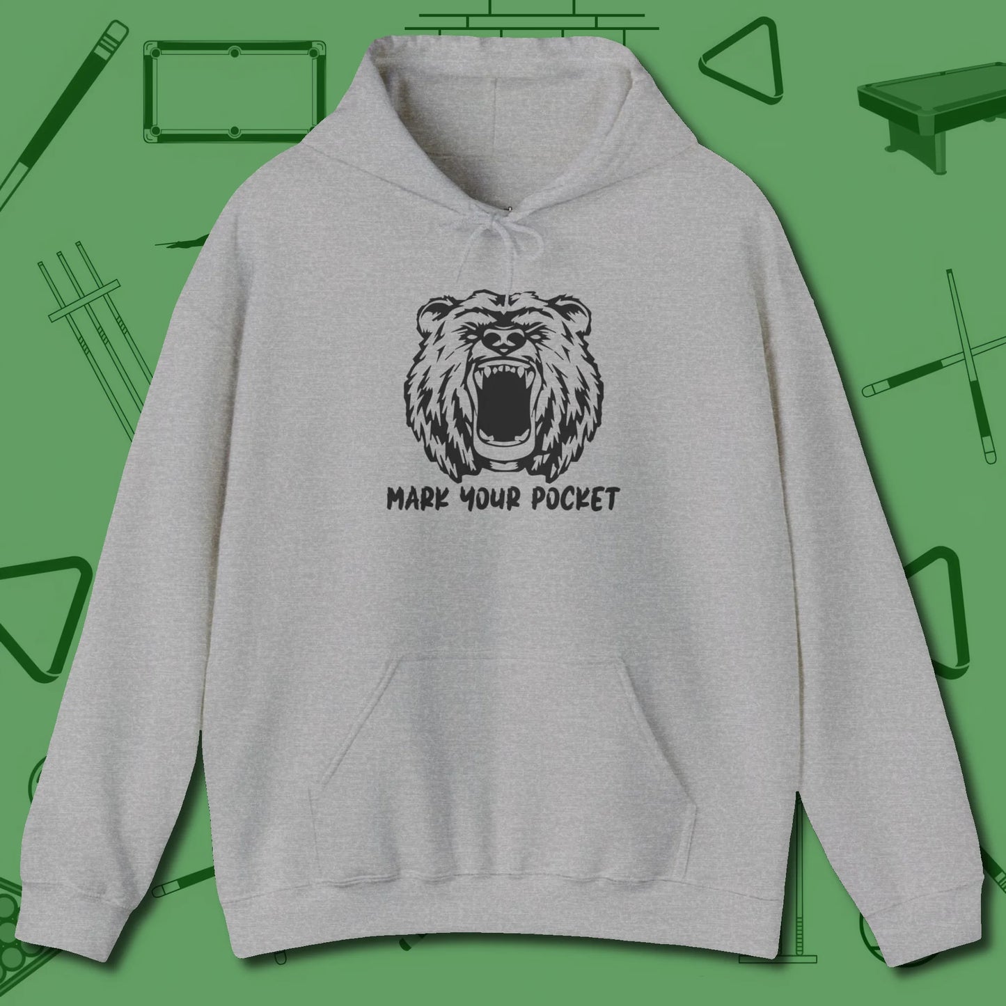 Roaring Grizzly Mark Your Pocket Hoodie, front view, in Sport Grey not your average 8-ball graphic tee