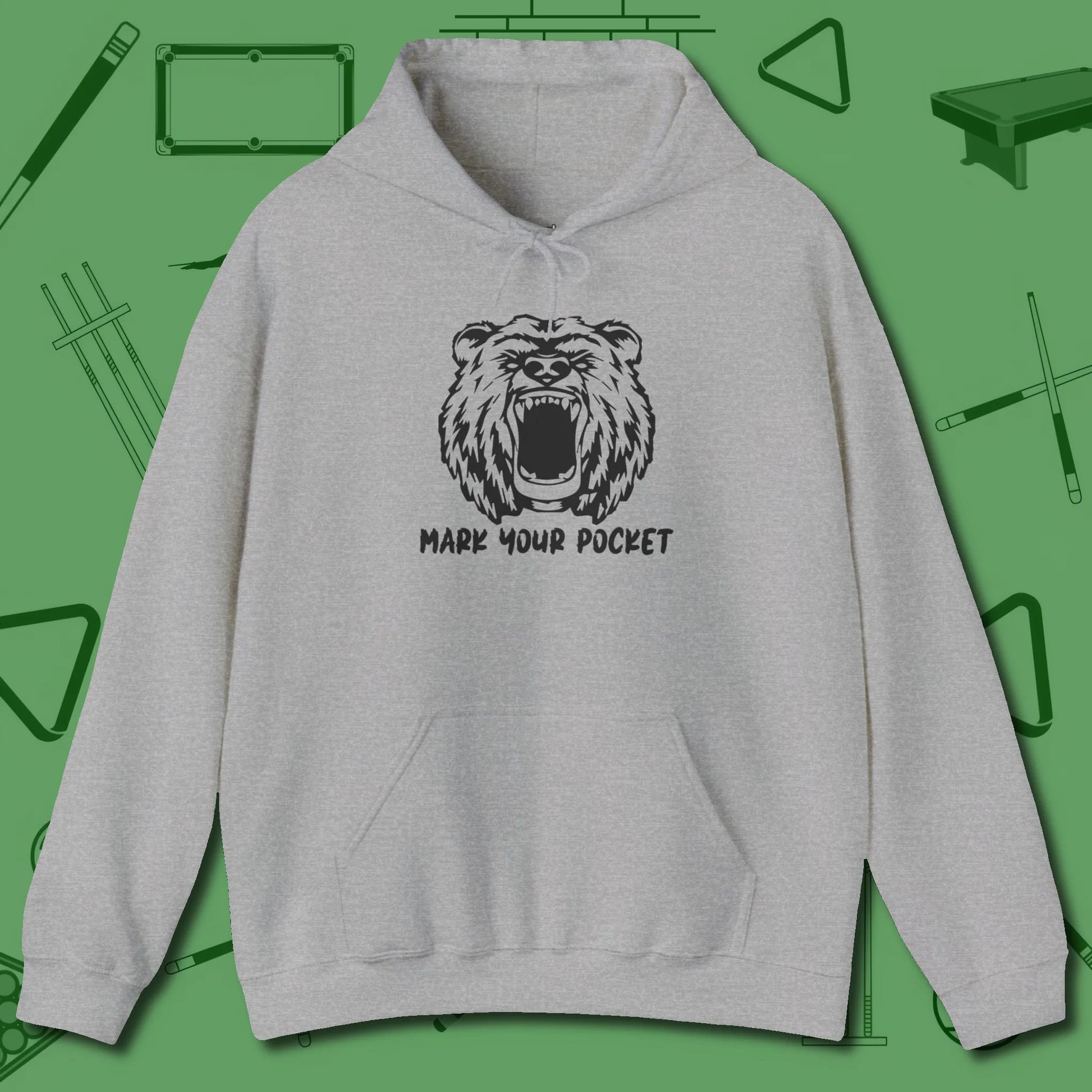Roaring Grizzly Mark Your Pocket Hoodie, front view, in Sport Grey not your average 8-ball graphic tee