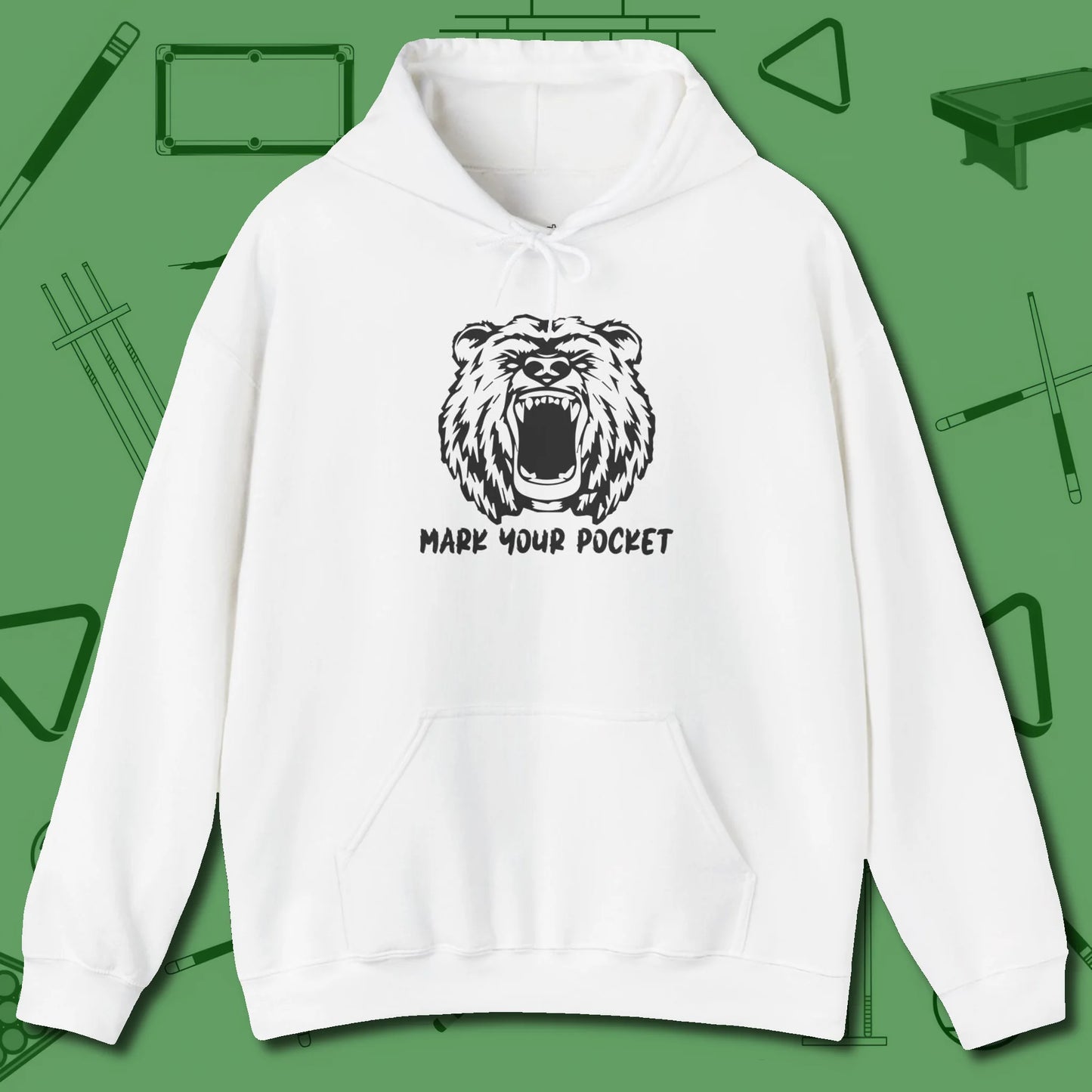 Roaring Grizzly Mark Your Pocket Hoodie, front view, in White built for bold breaks and quiet confidence