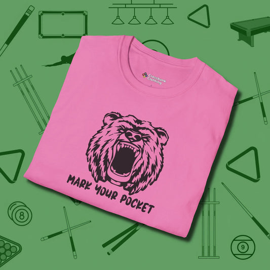 Roaring Grizzly Mark Your Pocket T-Shirt, folded view, in Azalea tough like your favorite break cue