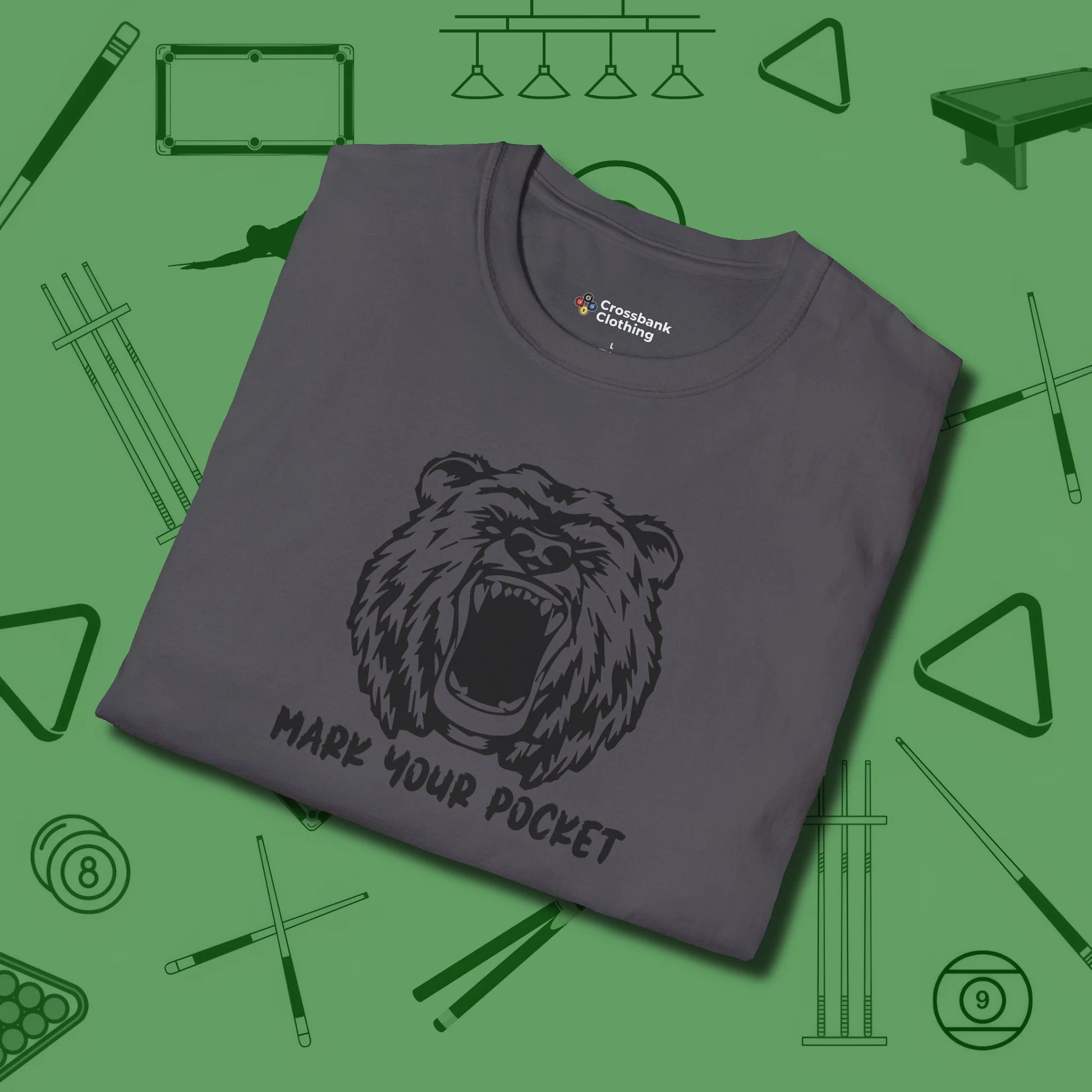 Roaring Grizzly Mark Your Pocket T-Shirt, folded view, in Charcoal a clean fit for the dirtiest safeties
