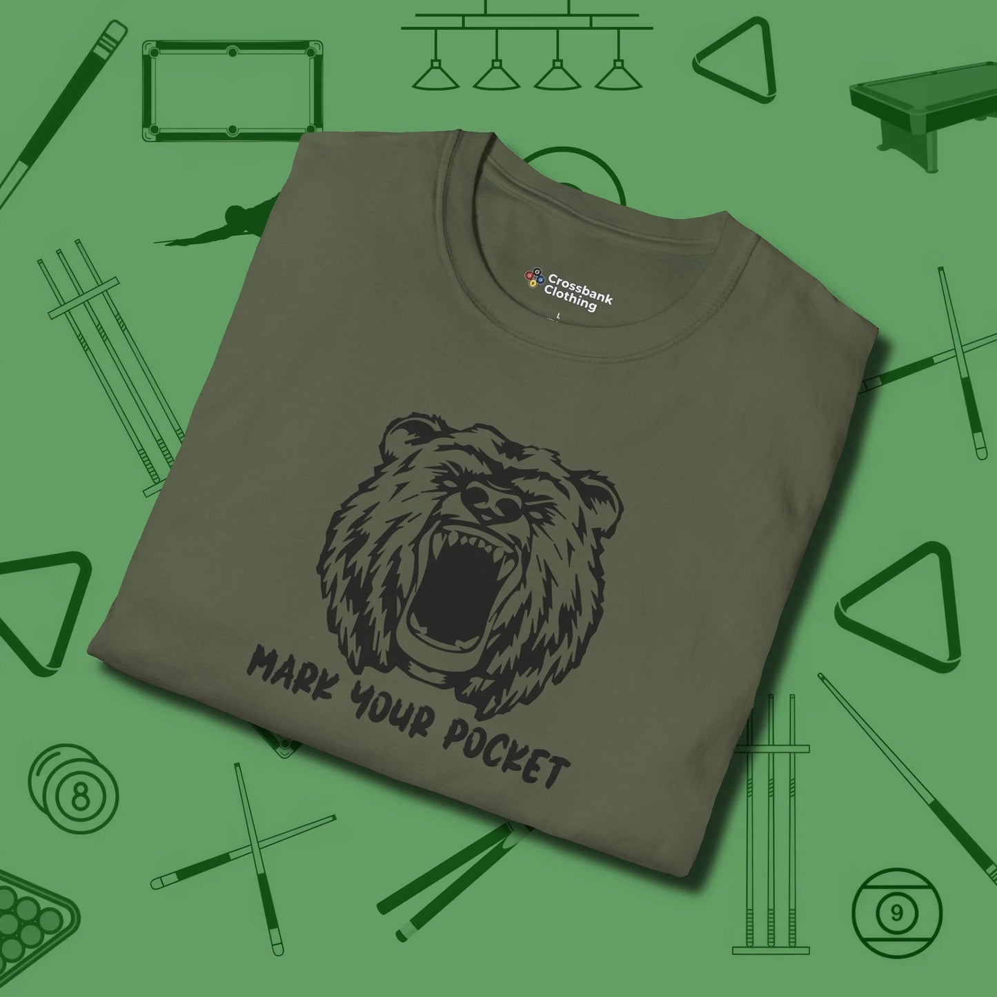 Roaring Grizzly Mark Your Pocket T-Shirt, folded view, in Military Green smart apparel for strategic players