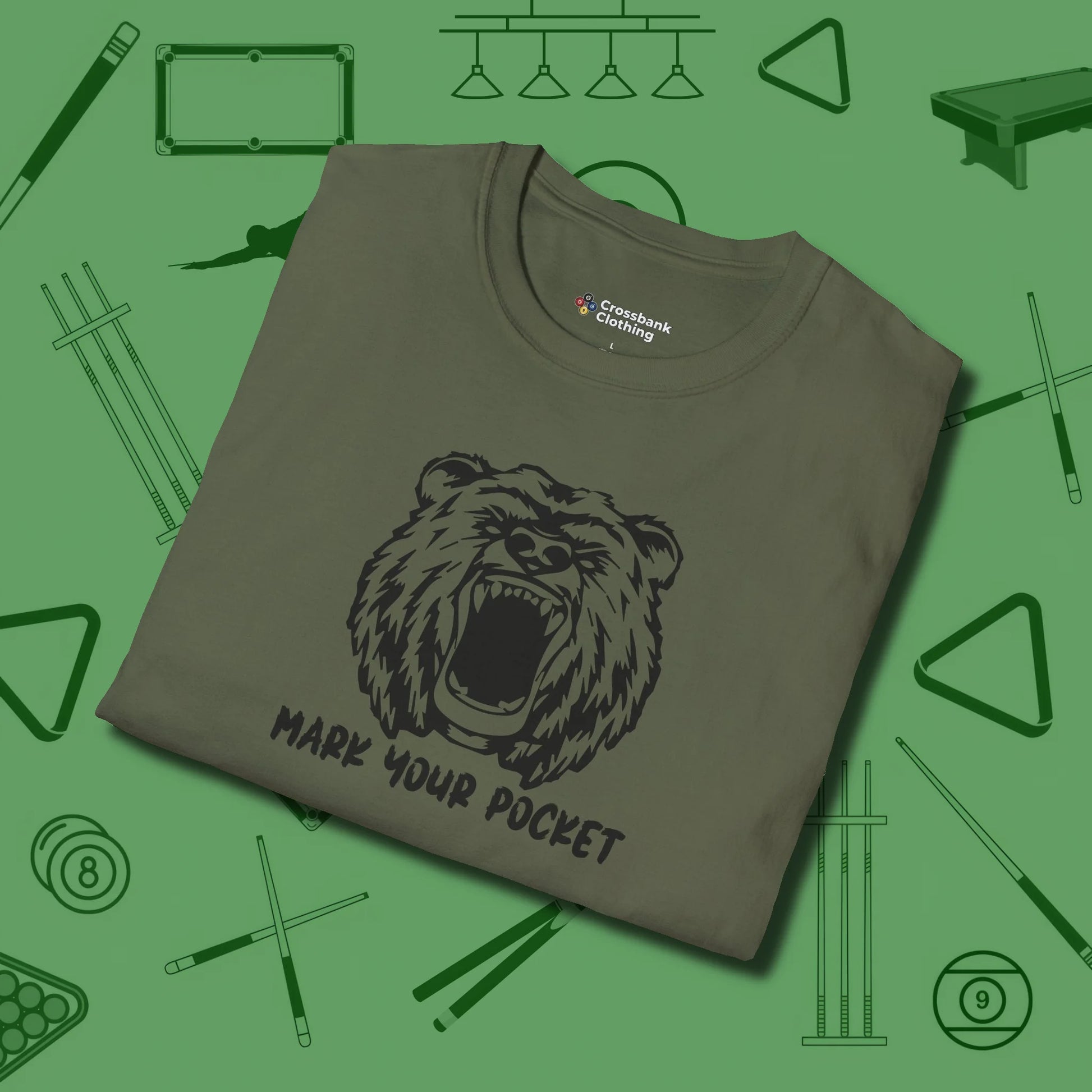 Roaring Grizzly Mark Your Pocket T-Shirt, folded view, in Military Green smart apparel for strategic players