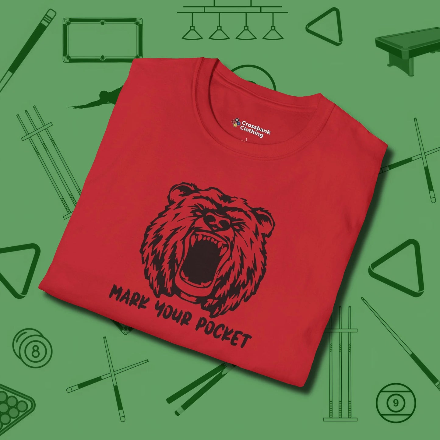 Roaring Grizzly Mark Your Pocket T-Shirt, folded view, in Red classic cue style, no gimmicks