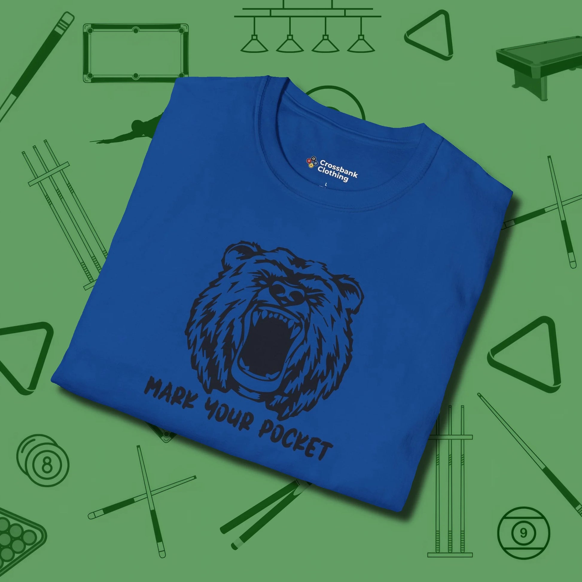 Roaring Grizzly Mark Your Pocket T-Shirt, folded view, in Royal for hustlers who keep it honest