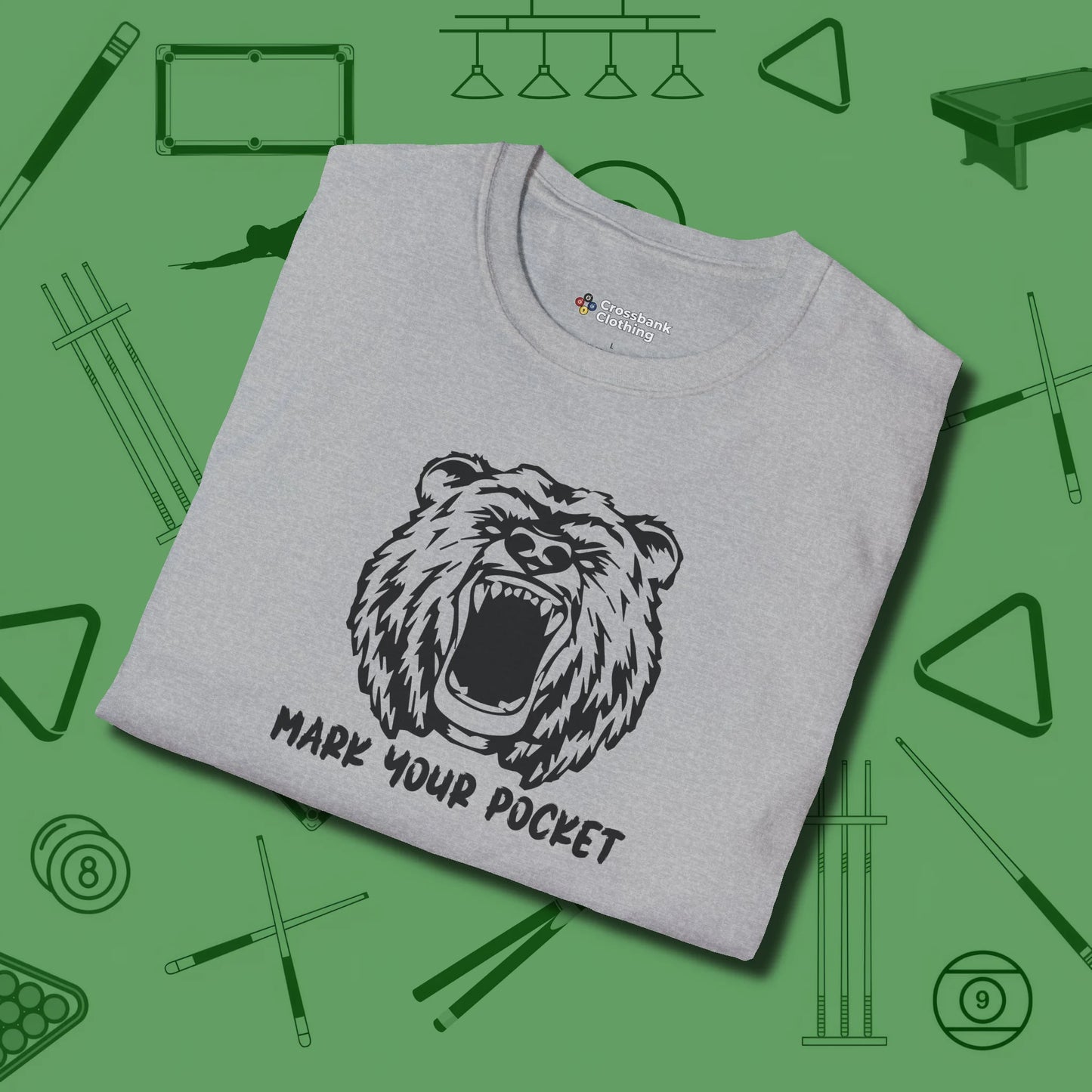 Roaring Grizzly Mark Your Pocket T-Shirt, folded view, in Sport Grey tough like your favorite break cue
