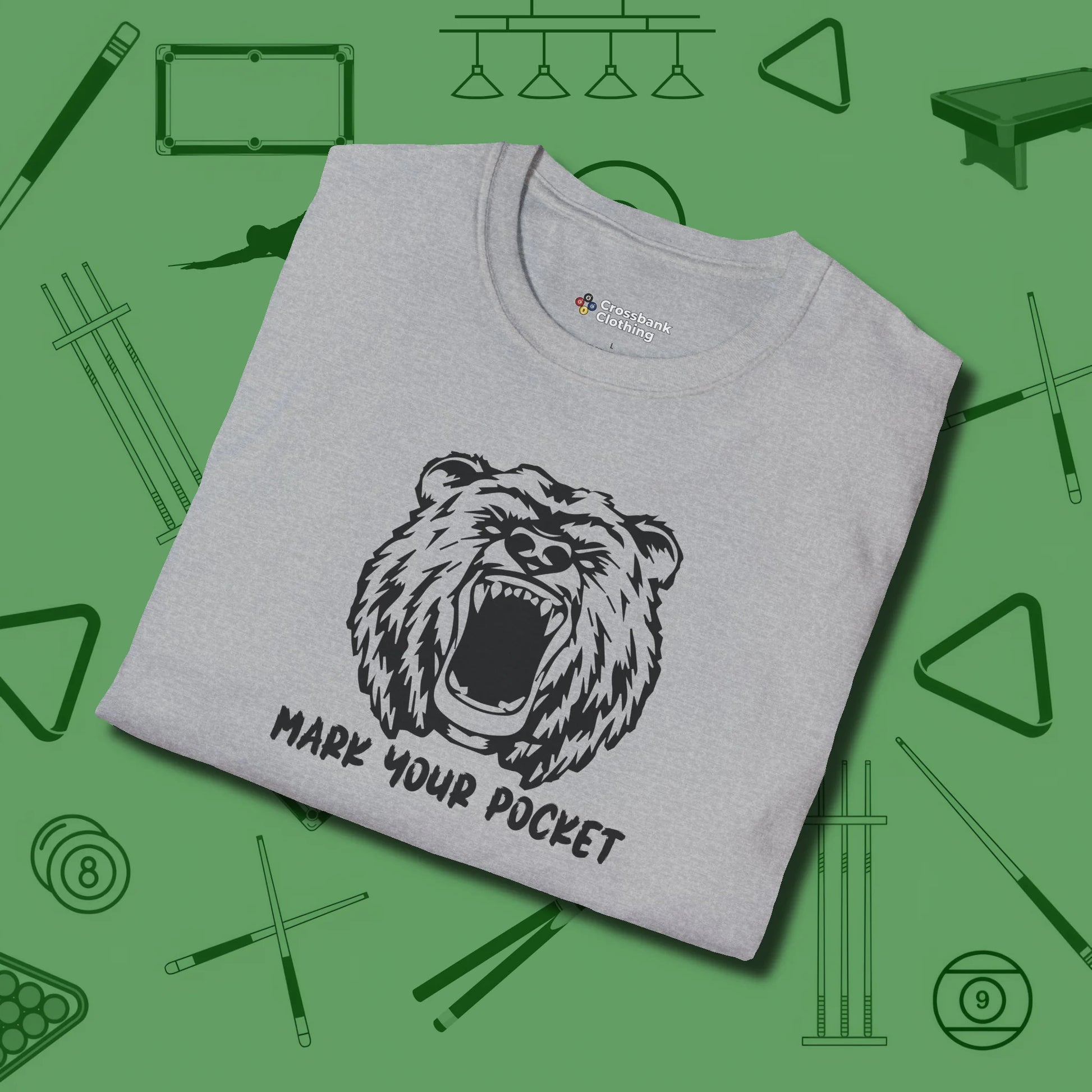 Roaring Grizzly Mark Your Pocket T-Shirt, folded view, in Sport Grey tough like your favorite break cue