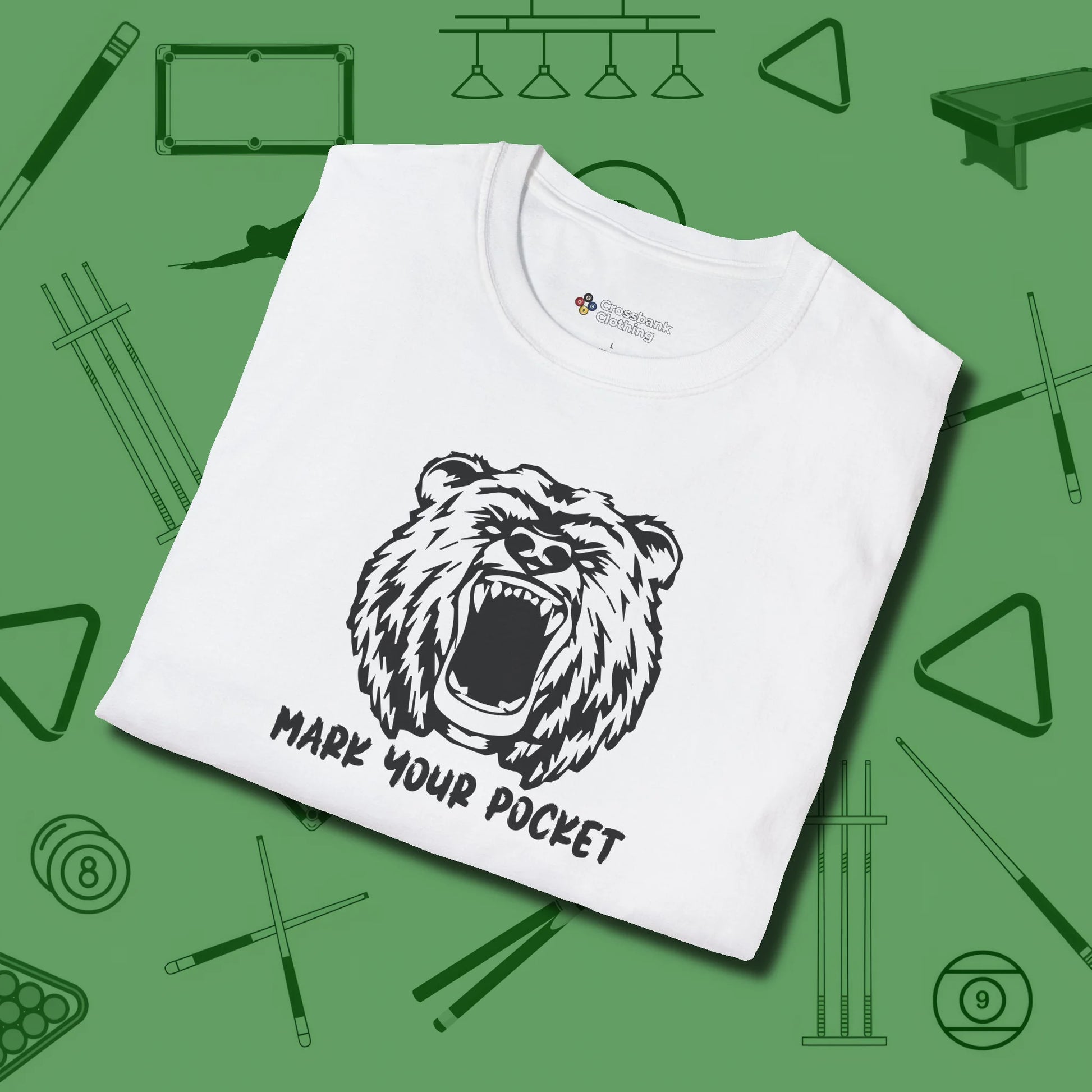 Roaring Grizzly Mark Your Pocket T-Shirt, folded view, in White smart enough for the felt and the street