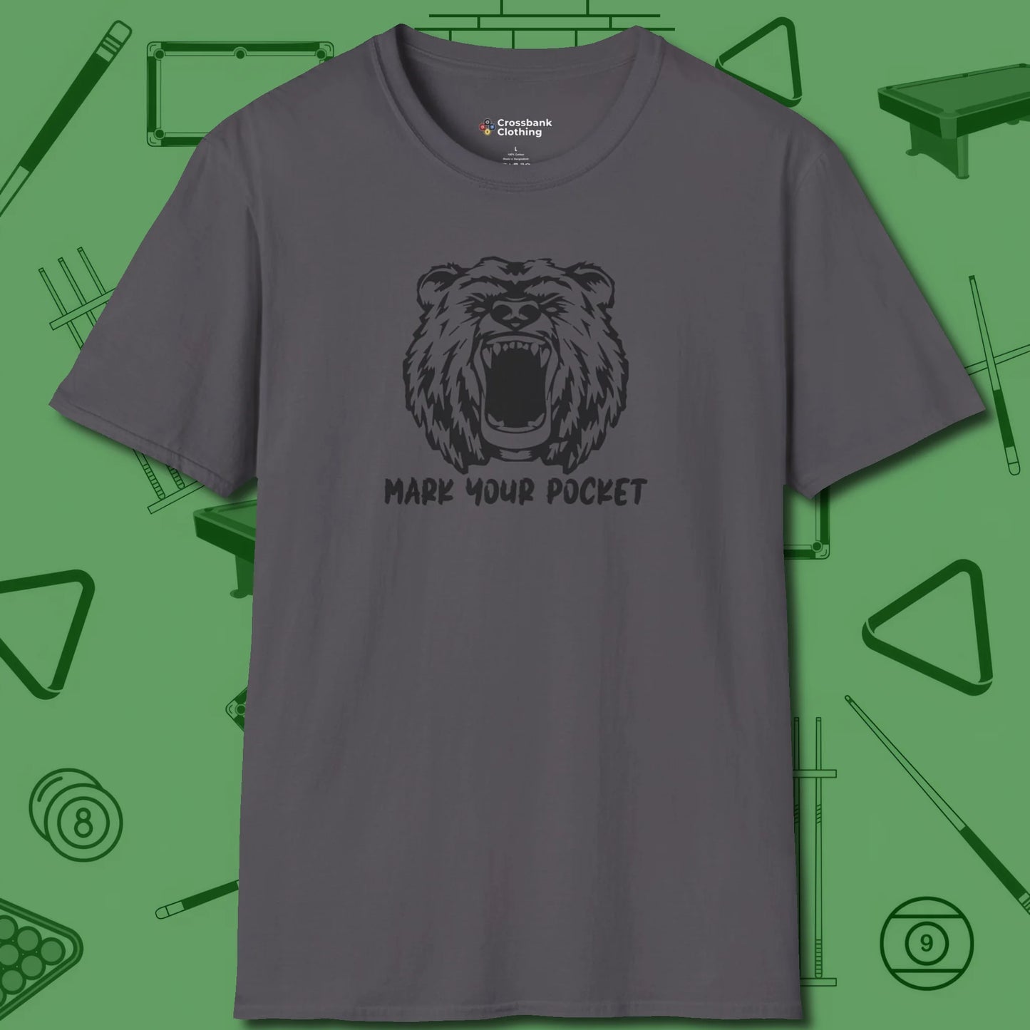 Roaring Grizzly Mark Your Pocket T-Shirt, front view, in Charcoal make every shot — and outfit — count