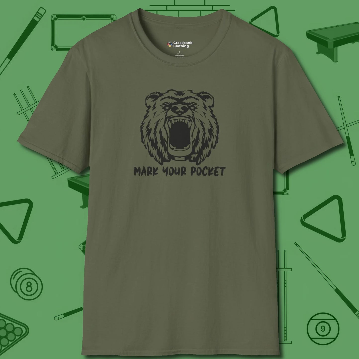 Roaring Grizzly Mark Your Pocket T-Shirt, front view, in Military Green your secret weapon off the table