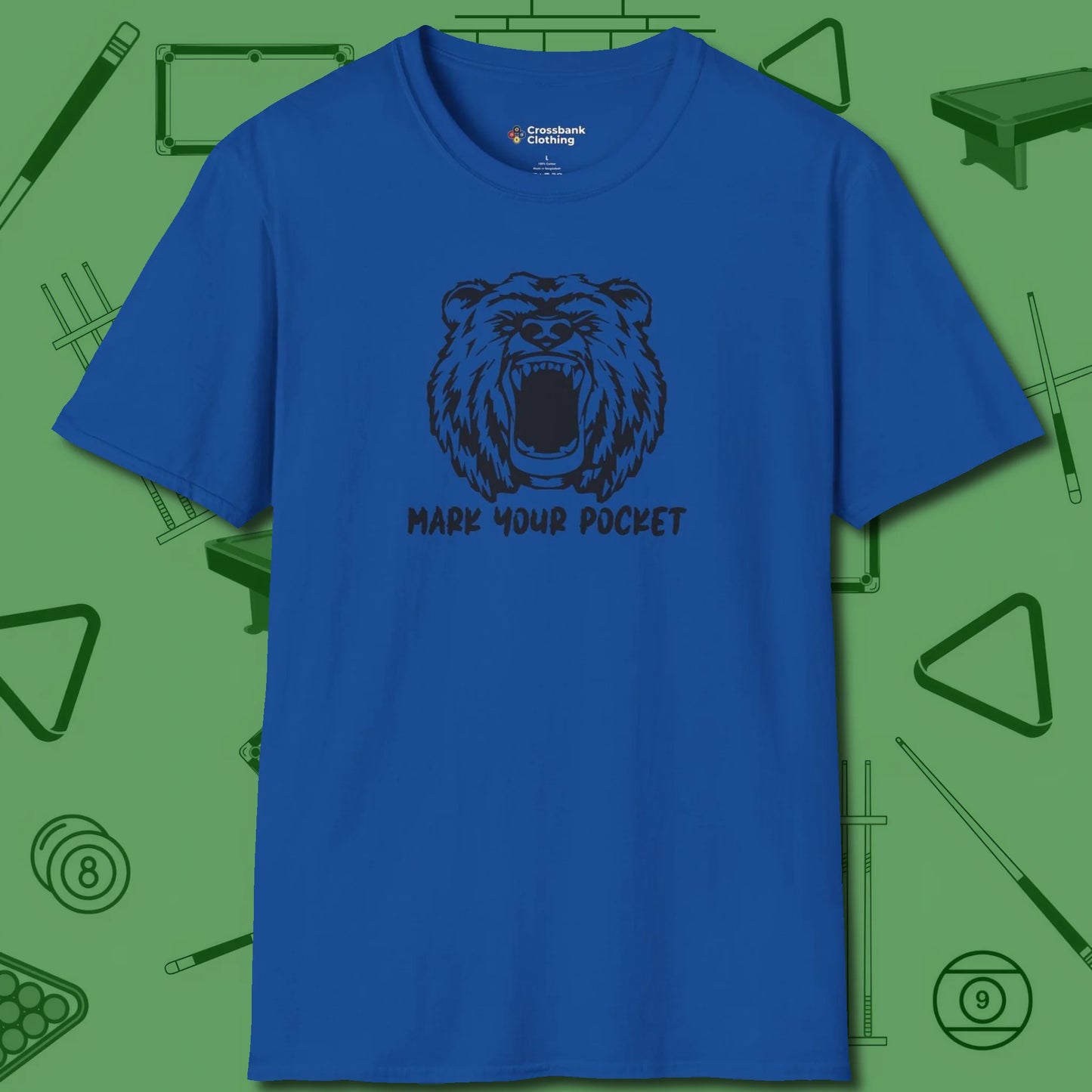 Roaring Grizzly Mark Your Pocket T-Shirt, front view, in Royal what the real shooters wear