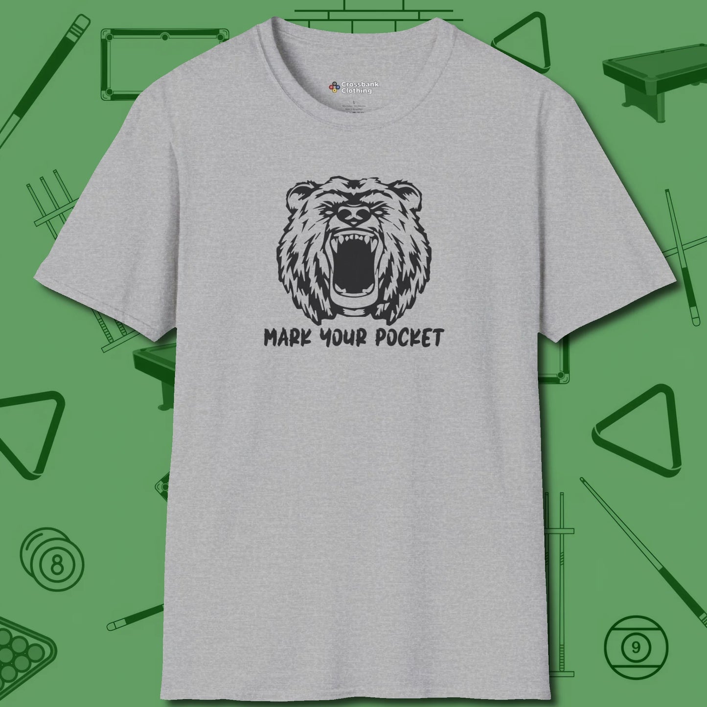 Roaring Grizzly Mark Your Pocket T-Shirt, front view, in Sport Grey cue up respect every time you wear it