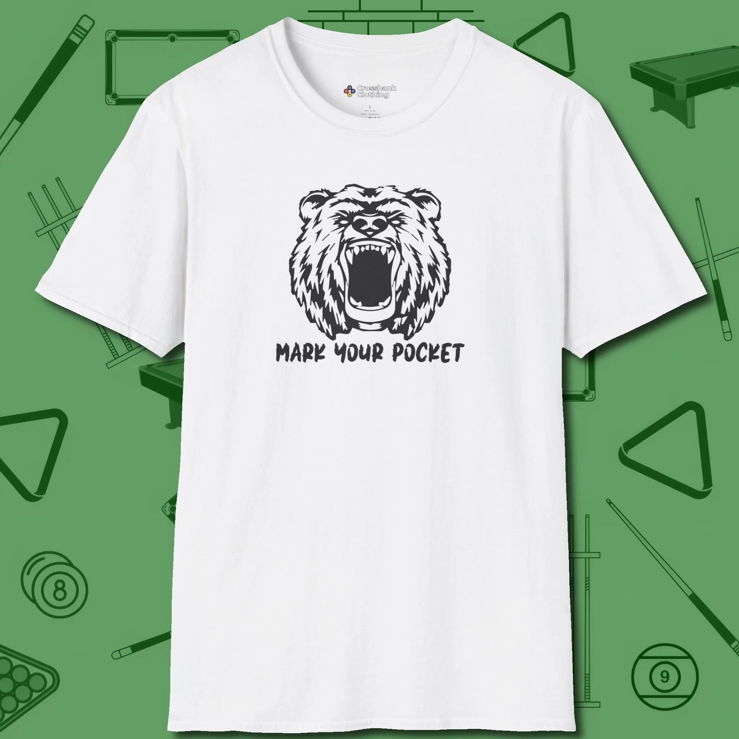 Roaring Grizzly Mark Your Pocket T-Shirt, front view, in White play in style, win in silence