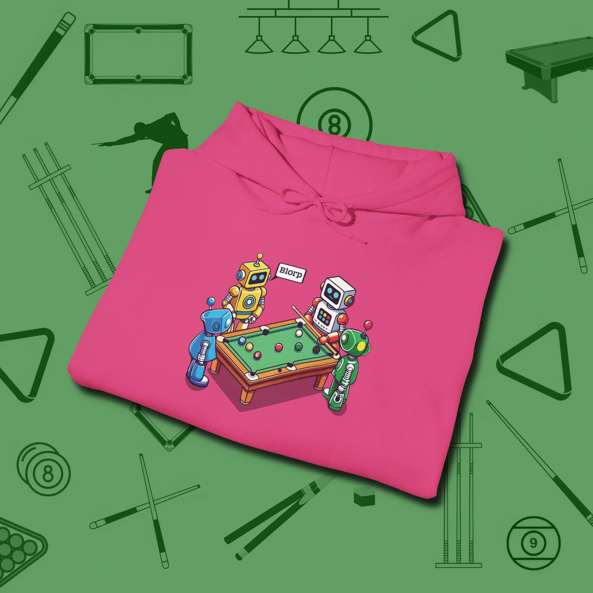 Robots Playing Hoodie, folded view, in Heliconia look good while calling your pocket