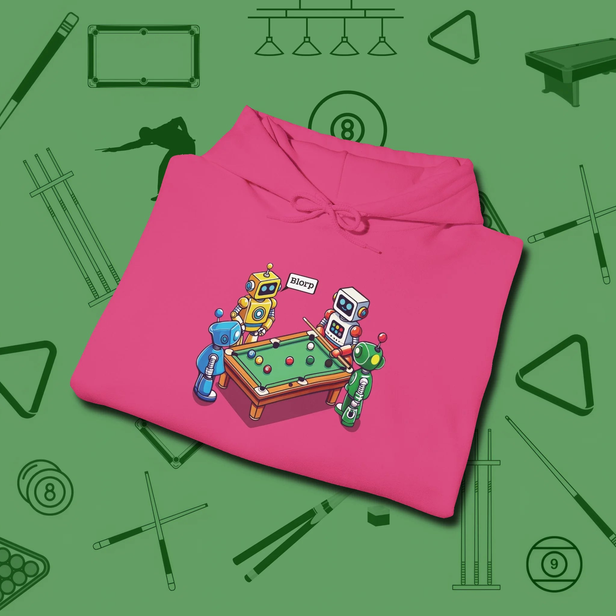 Robots Playing Hoodie, folded view, in Heliconia look good while calling your pocket