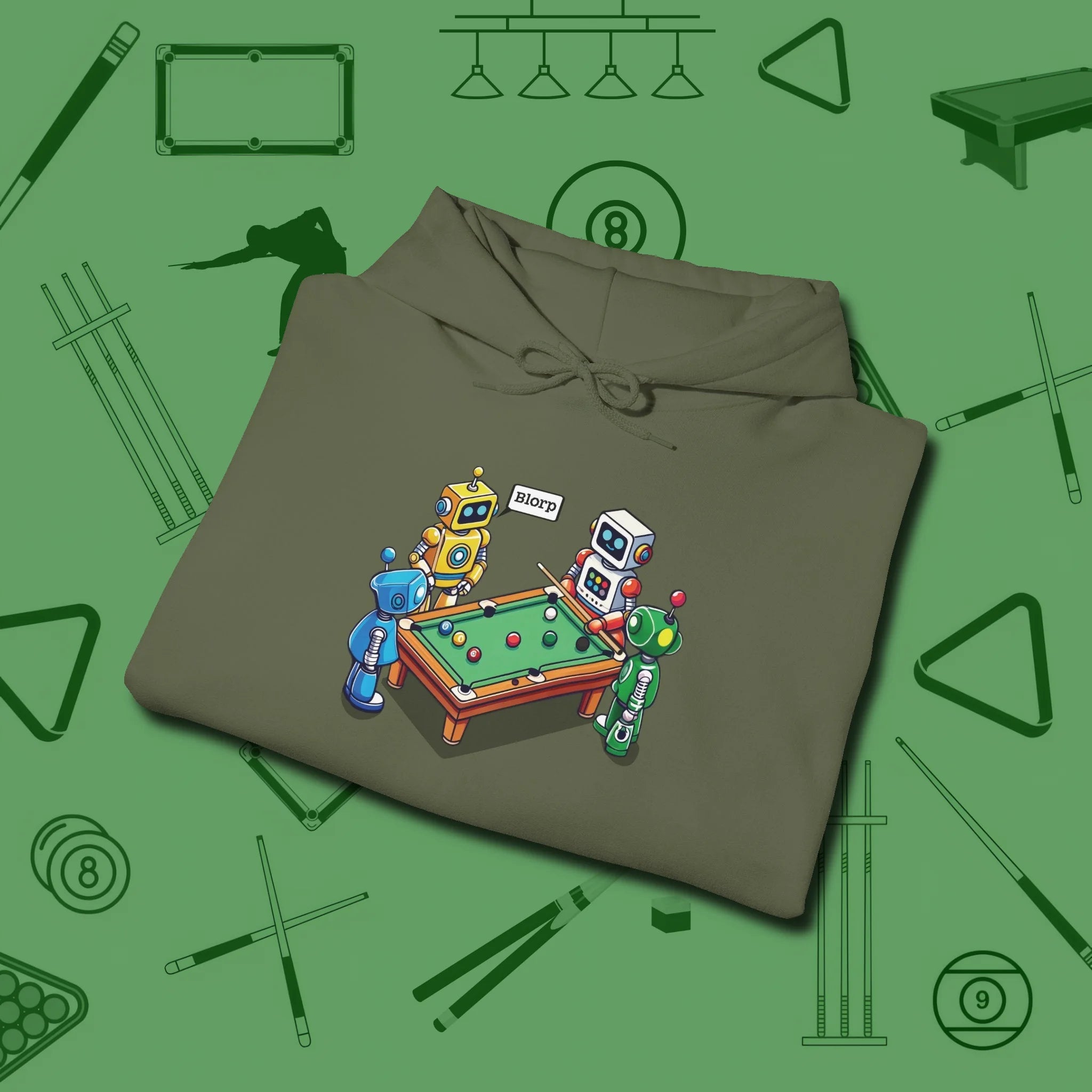 Robots Playing Hoodie, folded view, in Military Green strike fear with swagger and precision