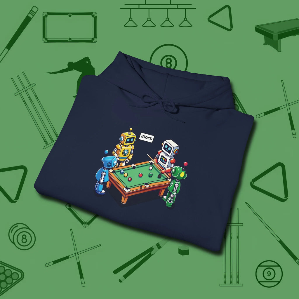 Robots Playing Hoodie, folded view, in Navy an extension of your pool persona