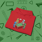 Robots Playing Hoodie, folded view, in Red designed for dead stroke and deadpan looks