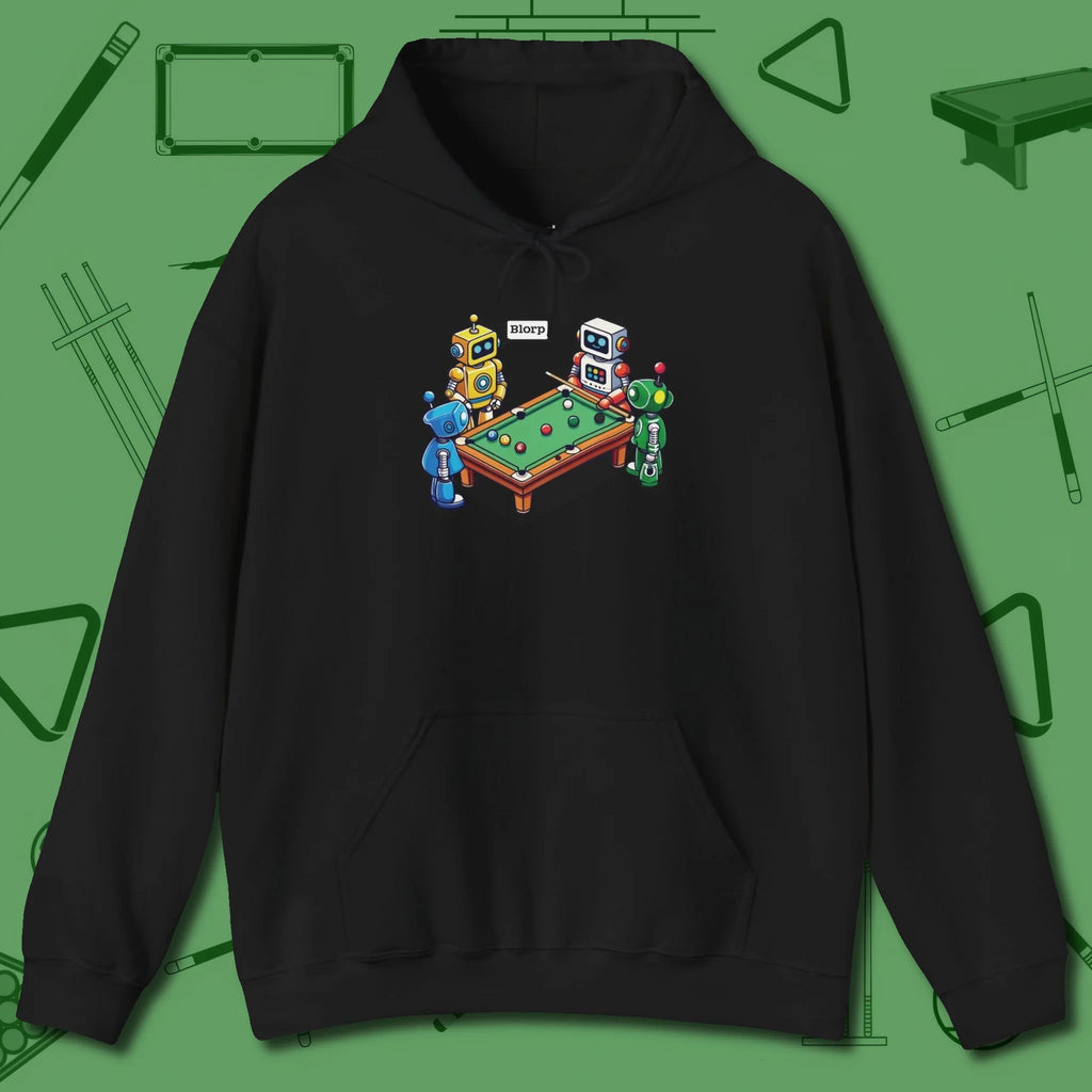 Robots Playing Hoodie, front view, in Black fashion with break-and-run energy