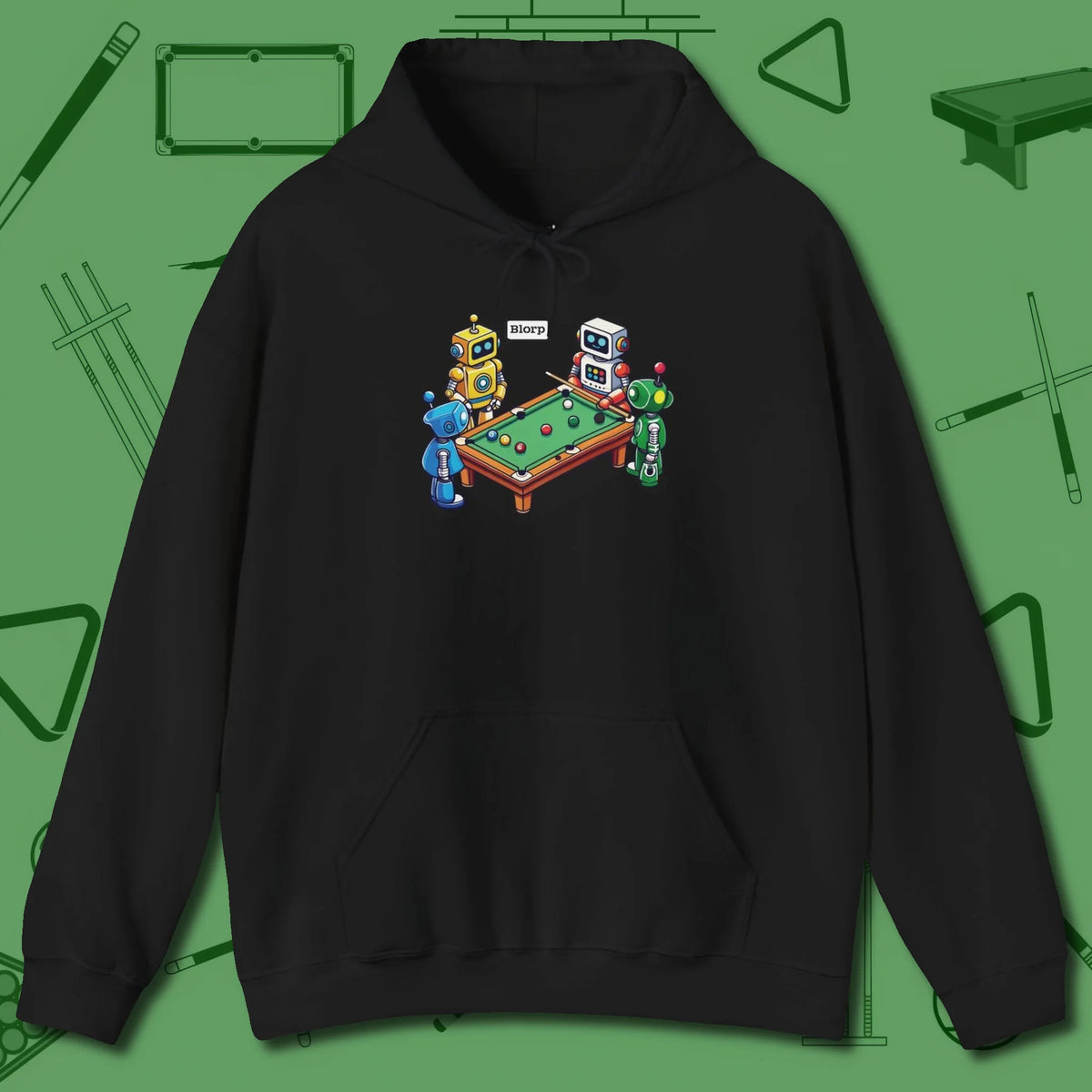 Robots Playing Hoodie, front view, in Black fashion with break-and-run energy