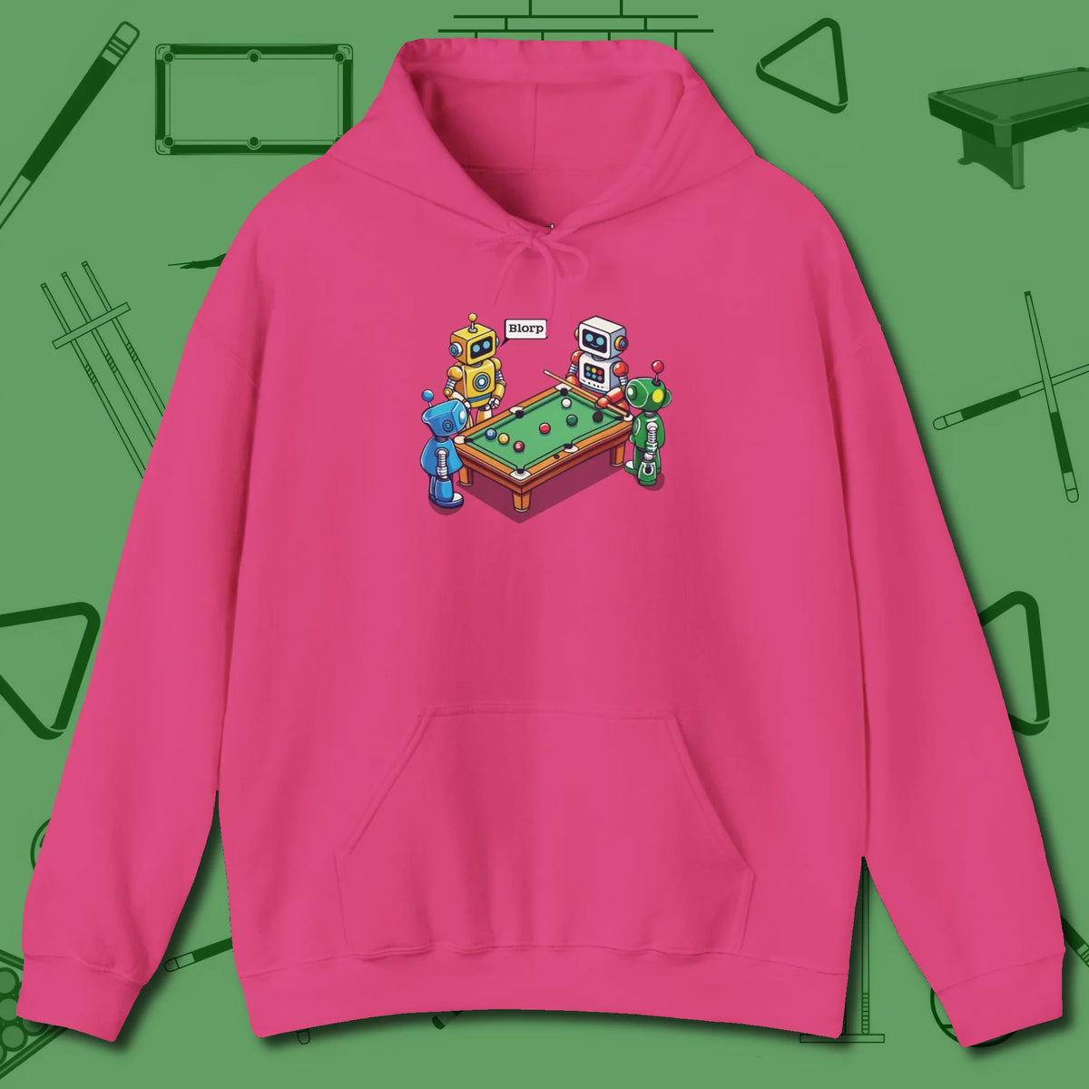 Robots Playing Hoodie, front view, in Heliconia precise, confident, always in control