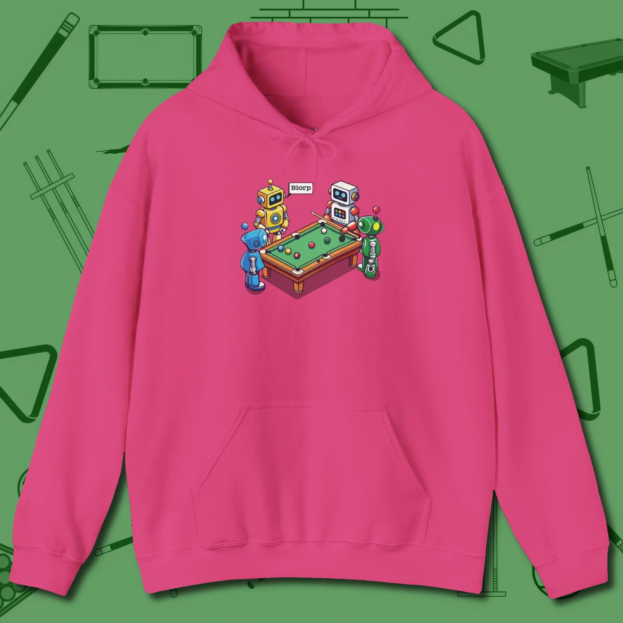 Robots Playing Hoodie, front view, in Heliconia precise, confident, always in control