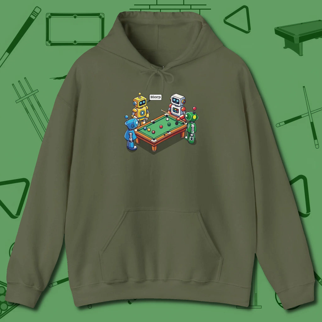 Robots Playing Hoodie, front view, in Military Green what the real shooters wear