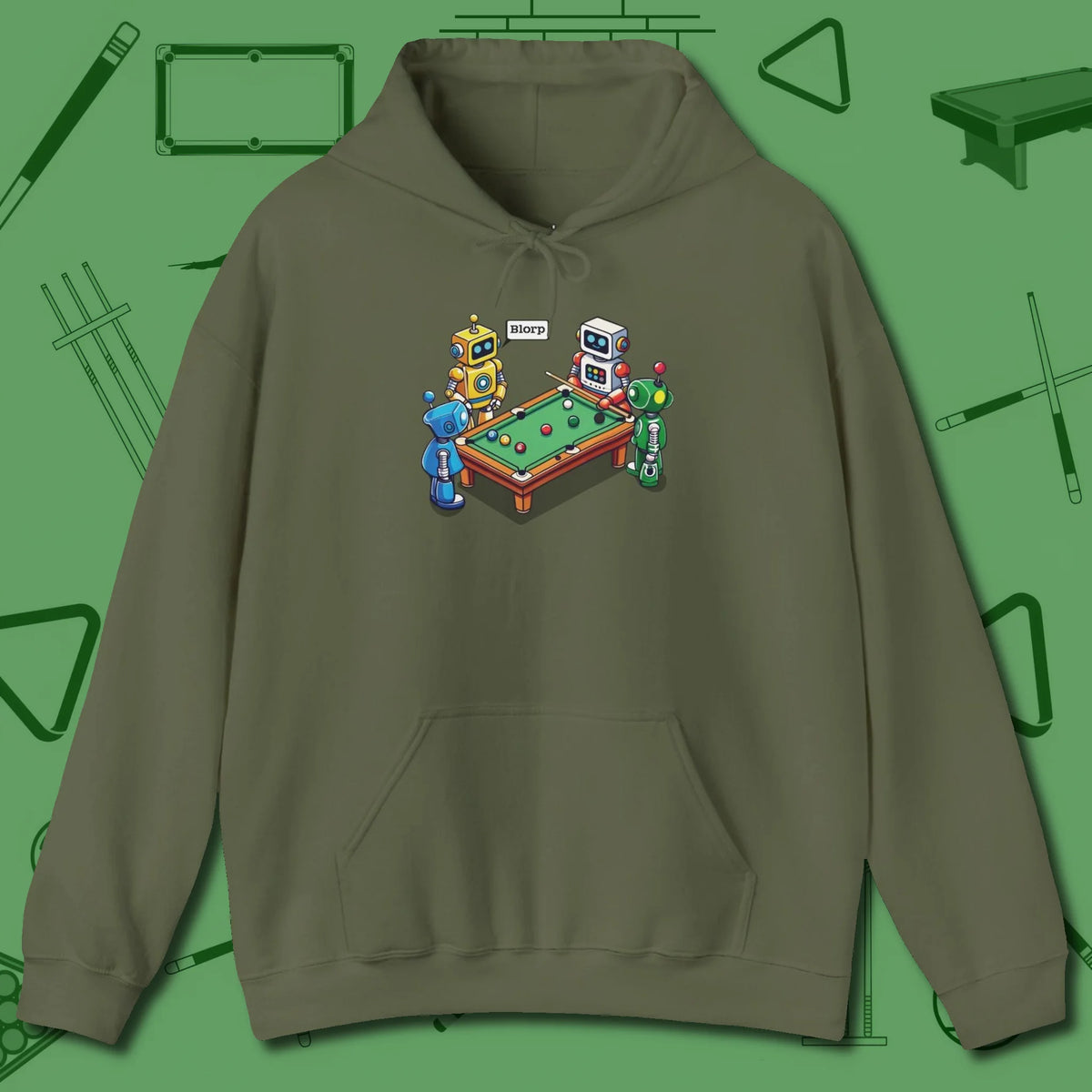 Robots Playing Hoodie, front view, in Military Green what the real shooters wear